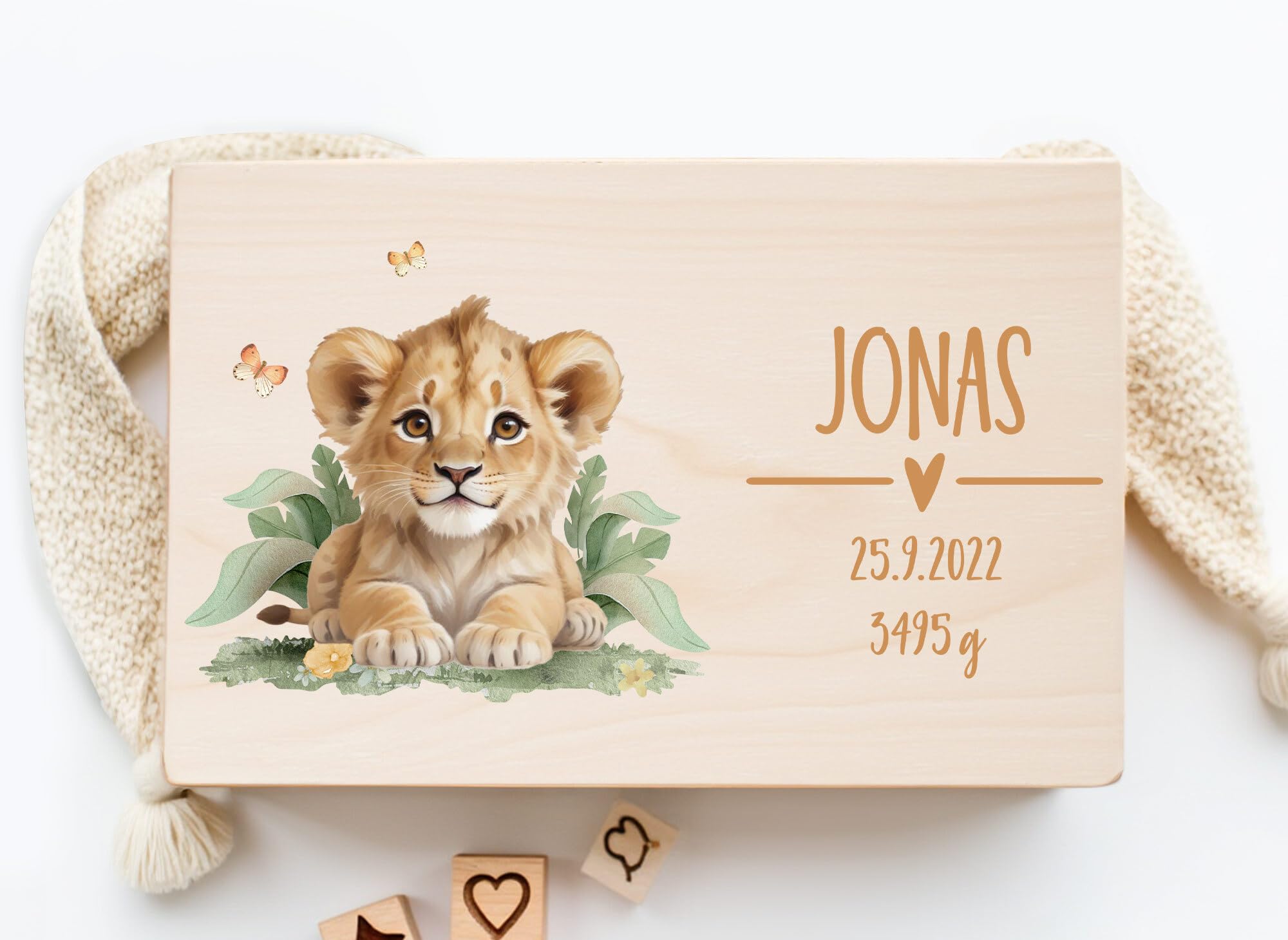 Little Deco Erinnerungsbox Baby Holzkiste mit Dschungel Löwe | L - 40 x 30 x 22 cm | personalisiert mit Namen Geburt & Taufe für Mädchen und Jungen XHL1010-03L