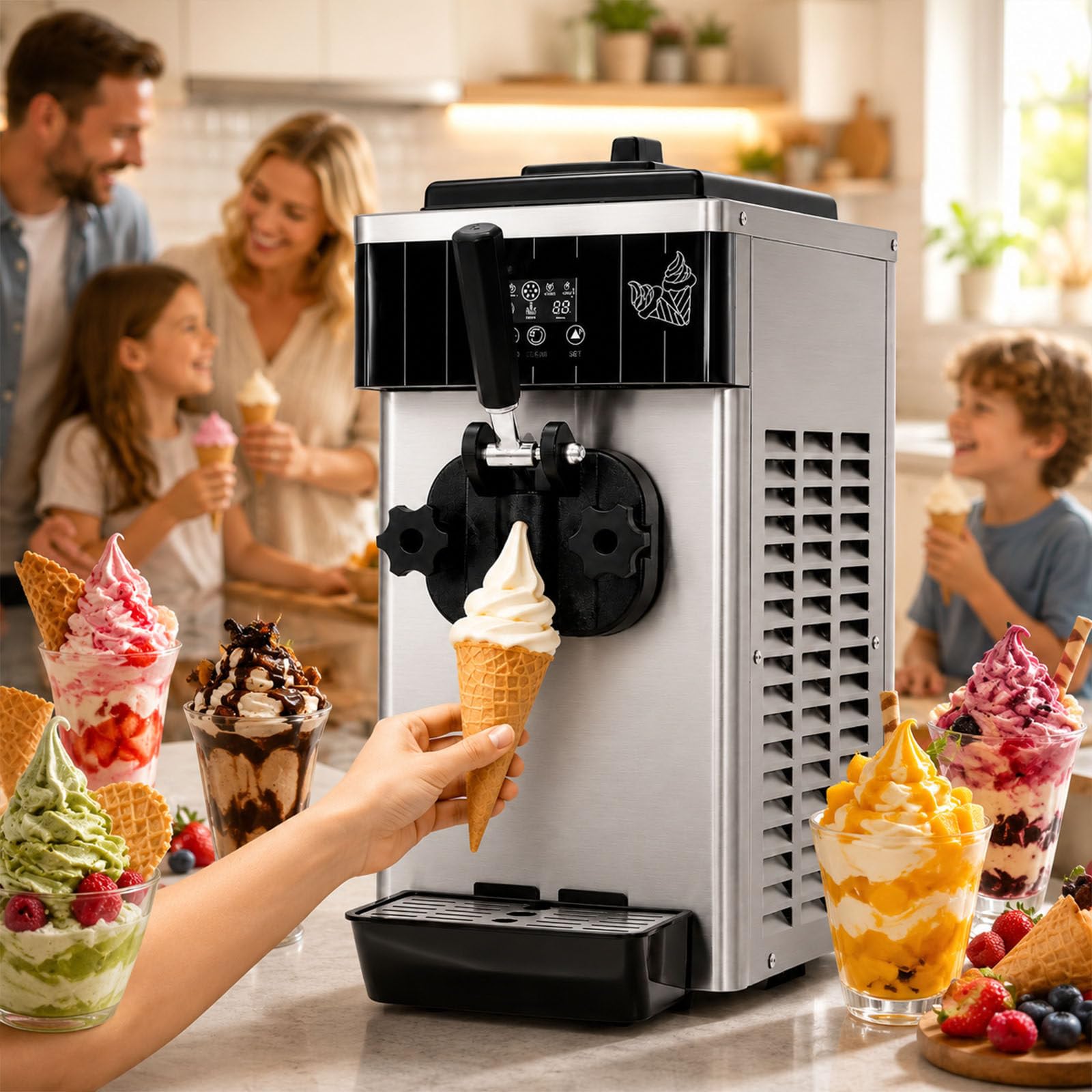 smafoseedding Electric Soft Serve Ice Cream Maker, Countertop Single Flavor Maker with 2.5L Hopper, Soft Serve Ice Cream Machine for Frozen-Yogurt, Sorbet, Custard Desserts, Cones & Mobile Catering