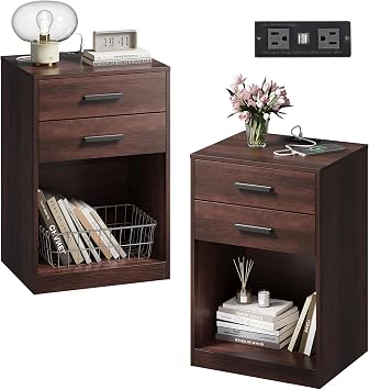 WLIVE Nightstands Set of 2 with Charging Station, Bedside Table with Drawer