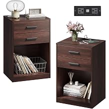 WLIVE Nightstand Set of 2 with Charging Station, Wood Night Stand Sets with 2 Drawers and Open Shelf, Bed Side Tables Bedroom, Living Room, Espresso