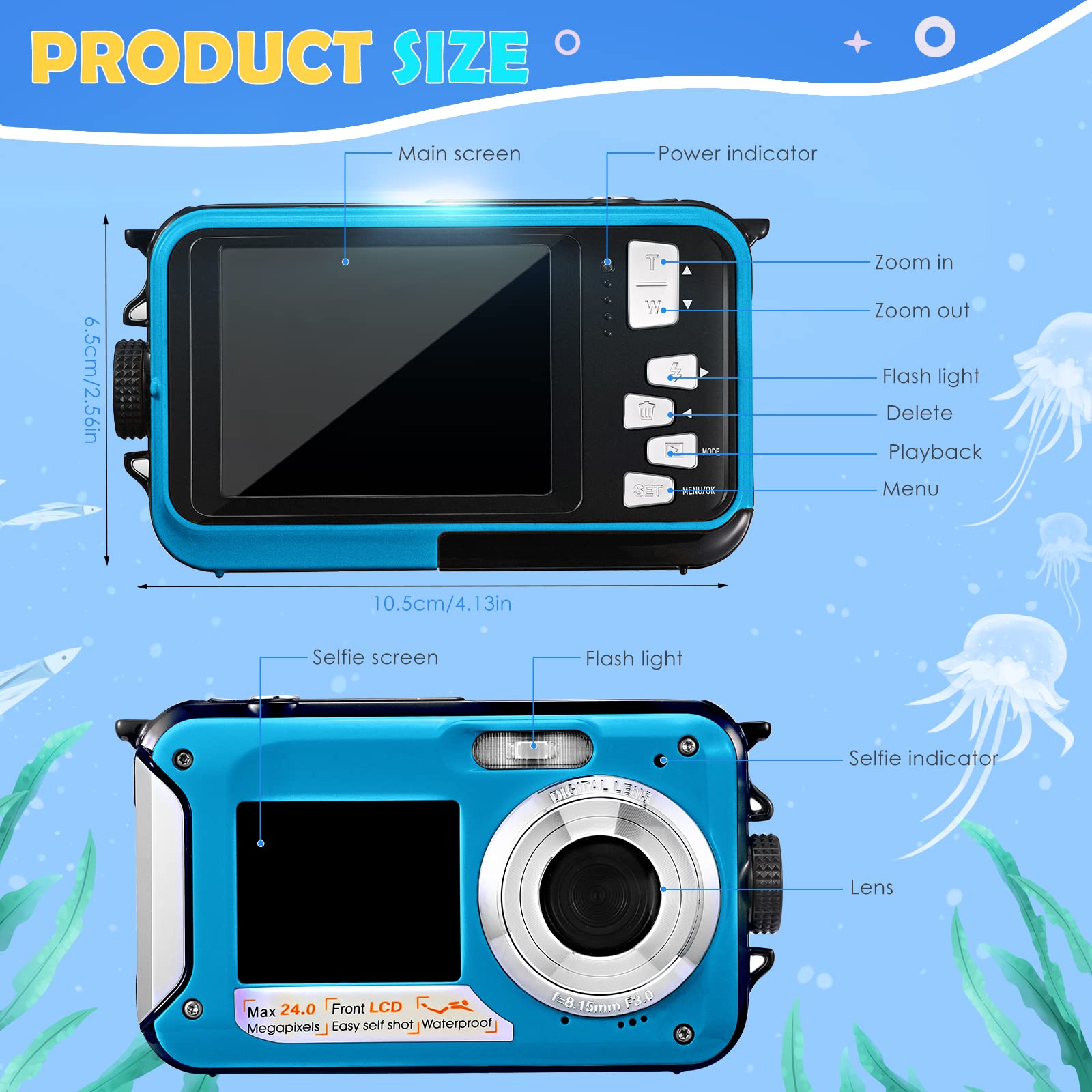 Cámara submarina, Full HD 2.7K 24MP impermeable, cámara compacta impermeable de 10 pies, zoom digital 16x, cámara digital antitemblor para niños, adolescentes, principiantes