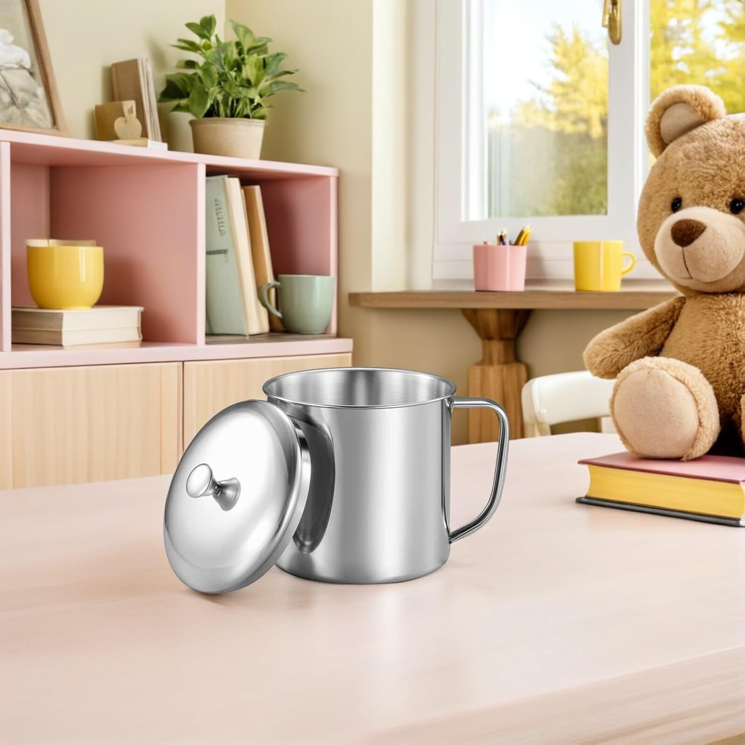 Amosfun Stainless Steel Water Cup with Lid and Handle 4.33X3.14 Inch Metal Milk Mug for Coffee Tea Home Office Travel - Image 4