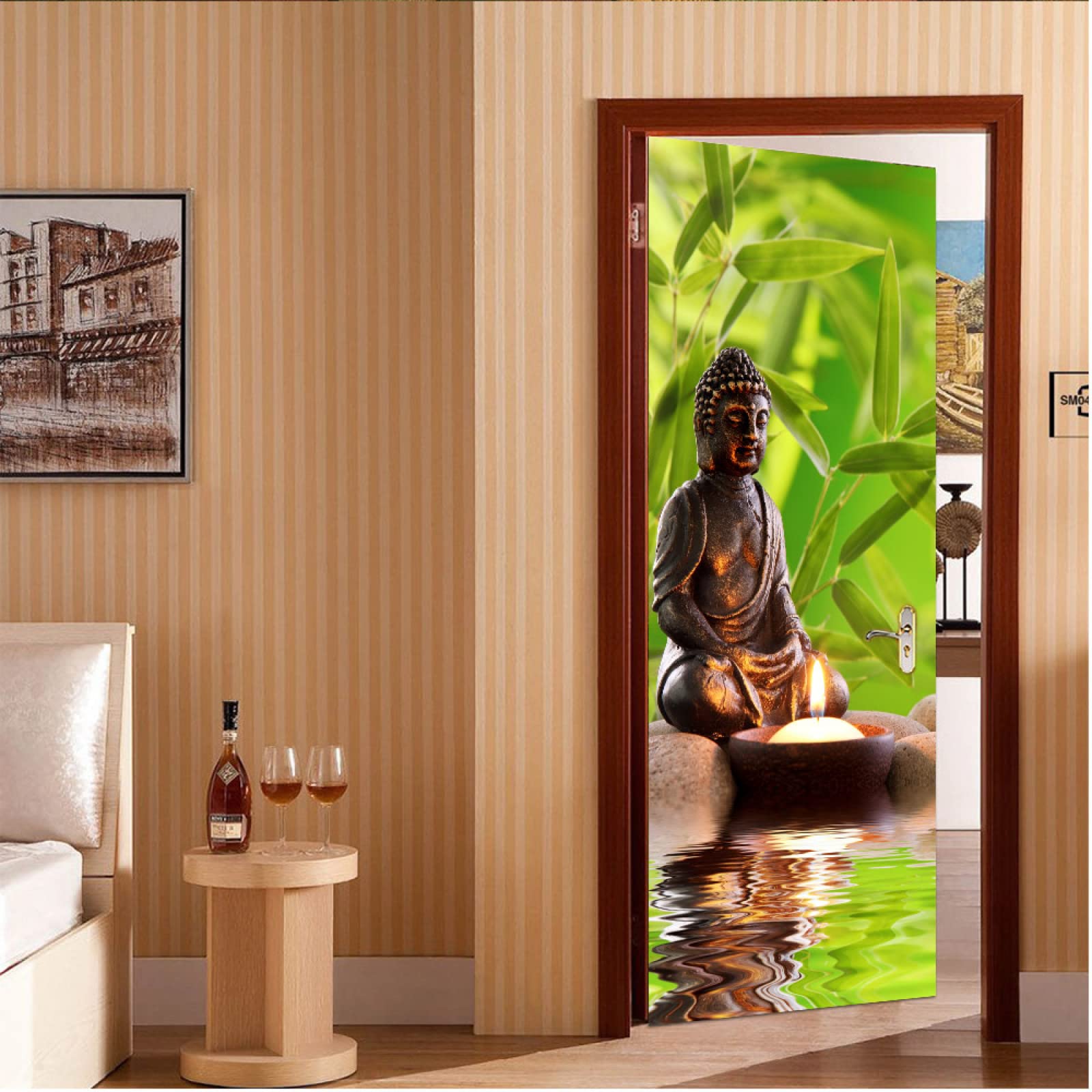 Sticker Porte GSKBDQ 3D Autocollants De Porte Trompe L'oeil Fleurs D'art Bouddha Zen 77X200Cm Auto-Adhésif Stickers Porte Amovible Papier Peint Chambre Cuisine Stickers Paysage