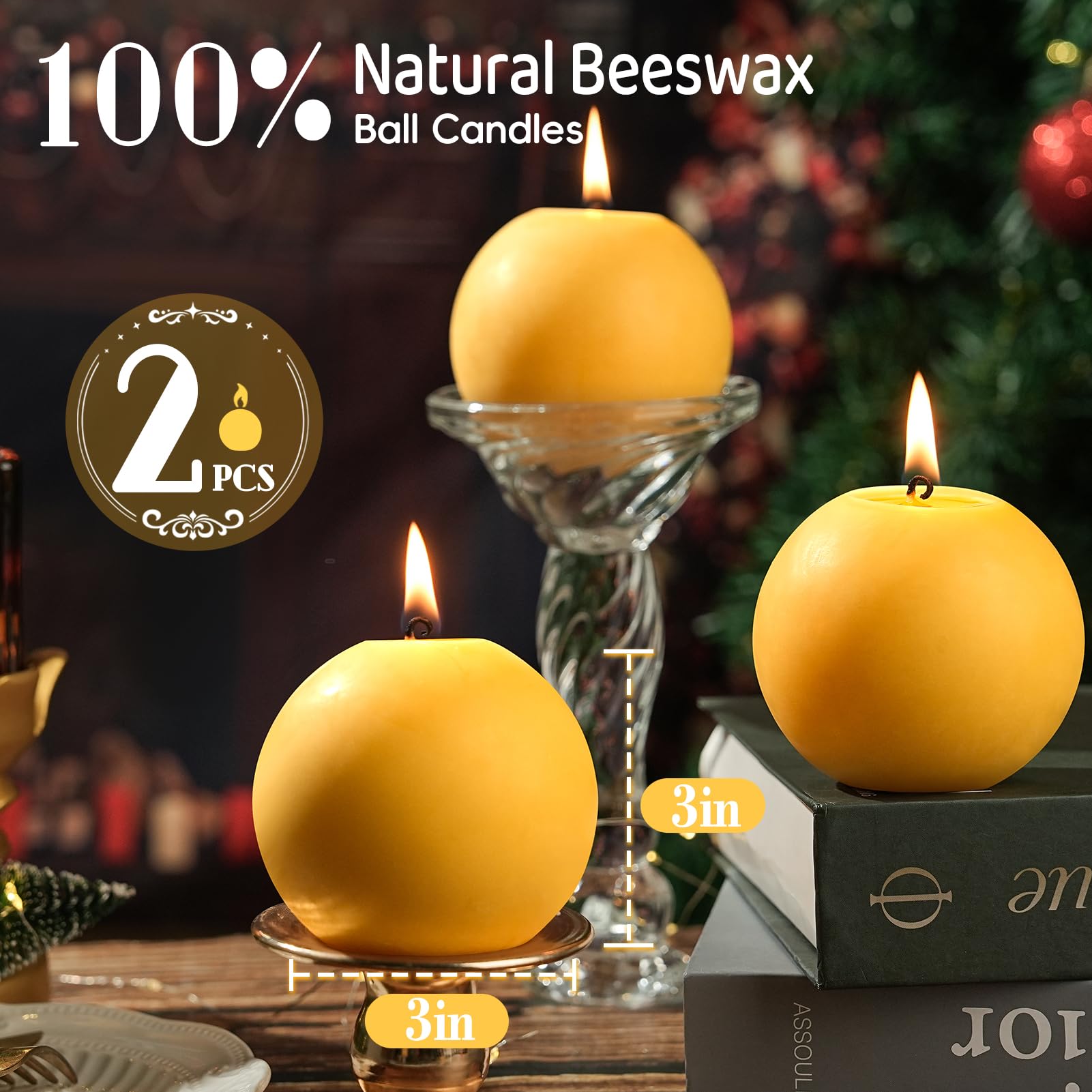 2 candele cilindriche a sfera in cera d'api, 7,6 cm, candele rotonde in cera d'api naturale, 60 ore, non tossiche, per emergenze, feste di Natale, matrimoni, casa