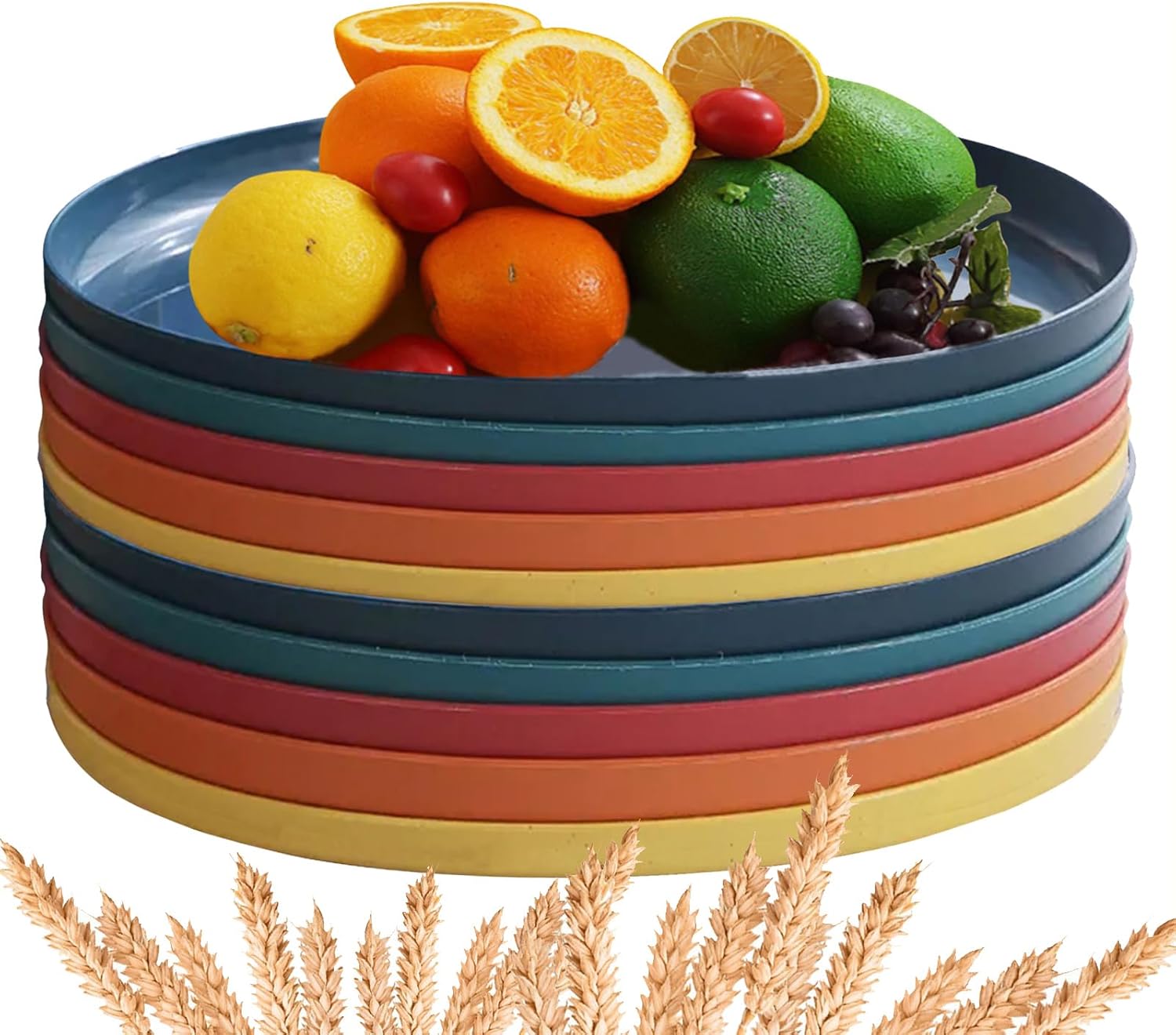 10 Pack 12 Inch Wheats Straw Plates Set Plastic Tray Unbreakable Deep Dinner Plate, Reusable,Lightweight Home and Kitchen Storage Tray