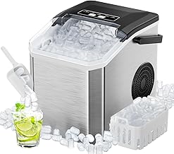 Ice Machine 15 kg/24h, 9 Cubes in 6 Min, Portable Ice Machine with Handle and Self-Cleaning, 2 Sizes of Bullet Ice, Incl. Shovel and Basket for Kitchen, Office, Camping, Party (Black/Steel)