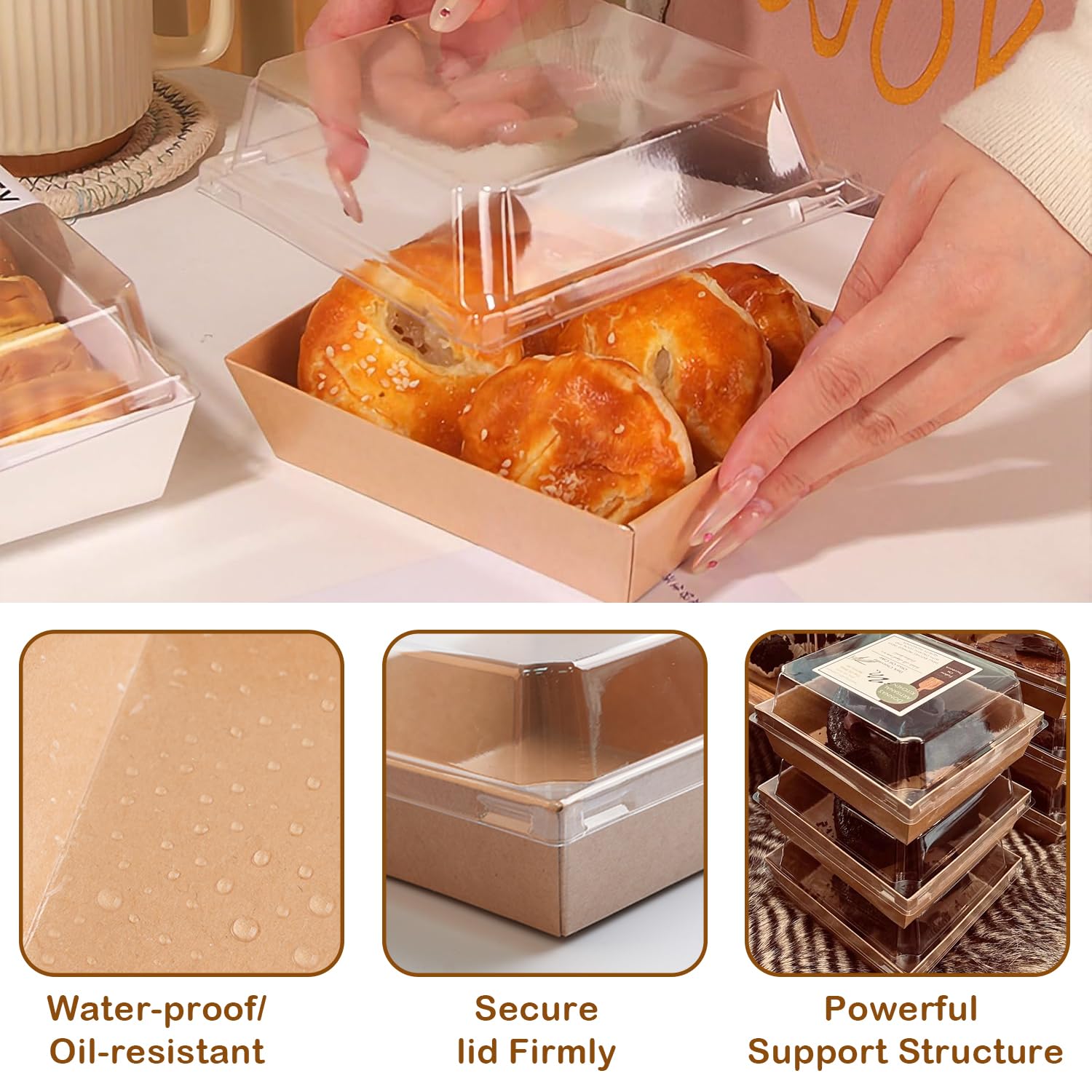 50 Pack 4" Charcuterie Boxes With Clear Lids - Mini Kraft Dessert Boxes For Cakes, Strawberries & Snacks, Brown - View #3