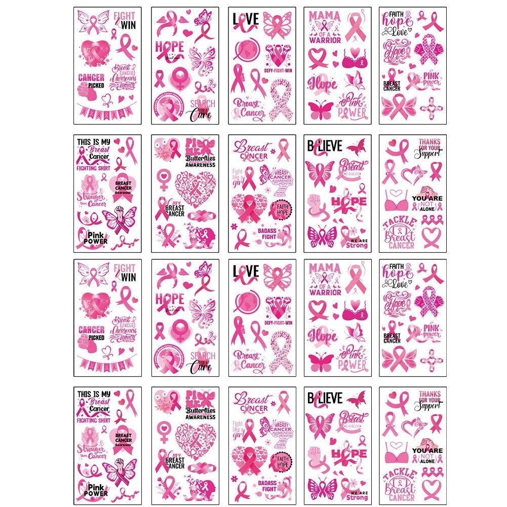 Sslvya 20 Sheets Breast Cancer Awareness Tattoos Stickers, Pink Ribbon Tattoos Stickers Breast Cancer Awareness Decorations Accessories