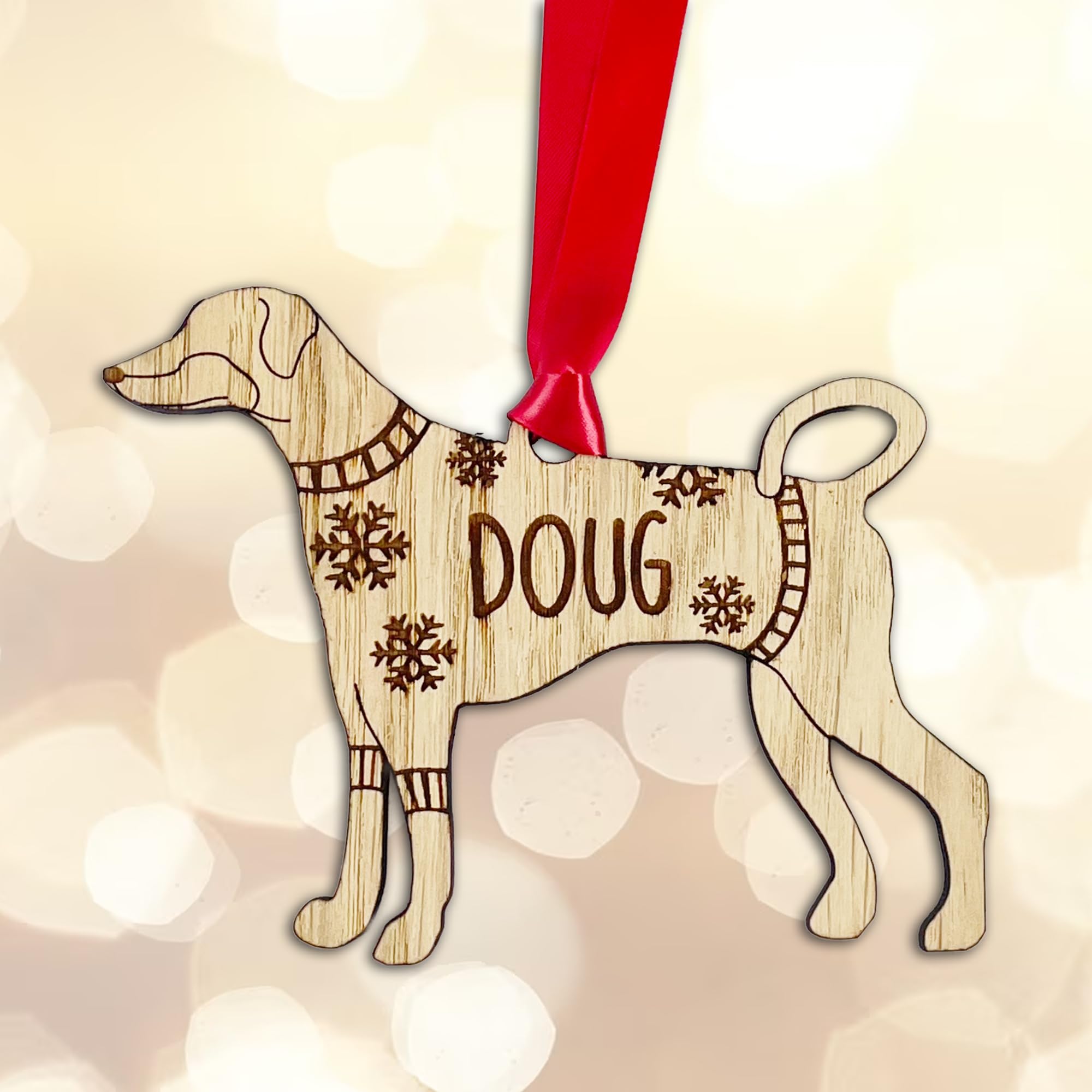 Personalised Doberman Dog Christmas Tree Bauble Decoration, Wearing a Dog Jumper Design with Snowflakes, Customised Puppy Hanging Ornament, Oak Veneer Wood with Red Ribbon