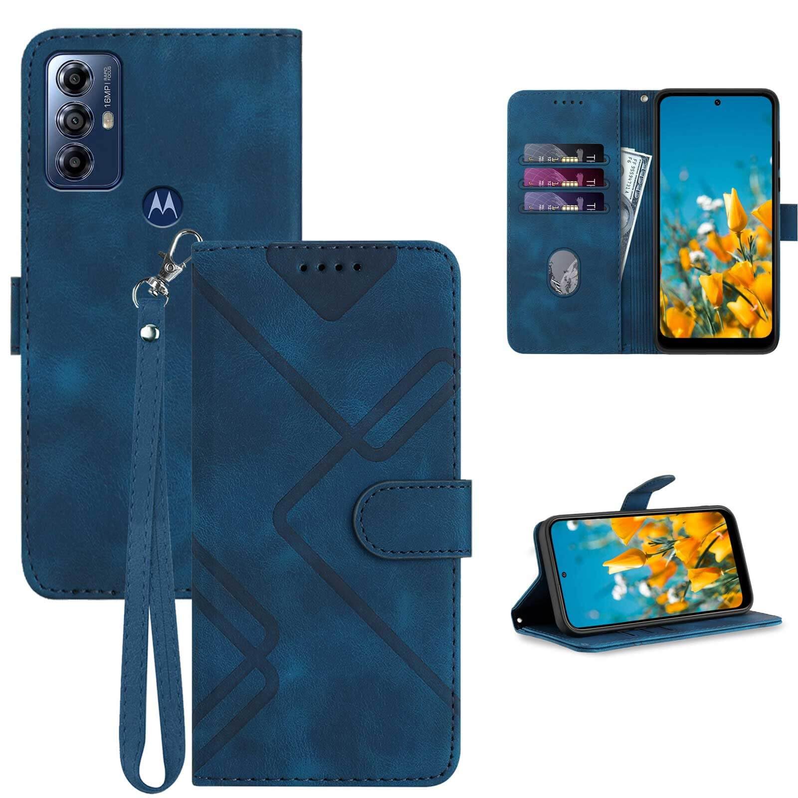 JHWVVTF for Moto G Play 2023 Case Wallet/for Moto G Pure Phone Case,Card Holder Leather Kick-stand,Wrist Strap,Magnetic Closure,Shockproof Protective Flip Cases Cover (Blue)