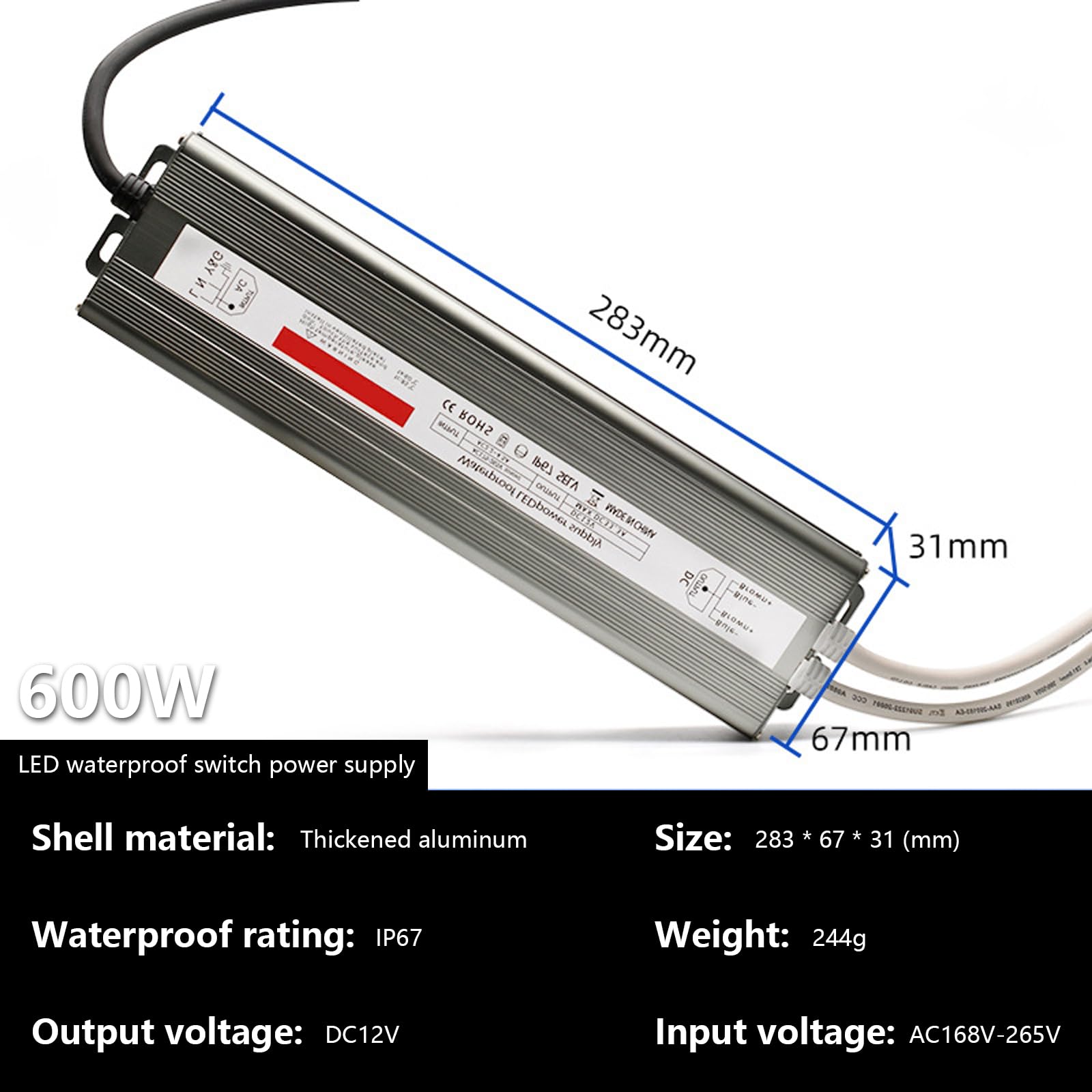 Trasformatore LED 24v 600w 25a, Ip67 Impermeabile Alimentatore per Esterni Adattatore Trasformatore A Bassa Tensione Driver Adattatore LED per Strisce LED, Luci Esterne, Telecamere