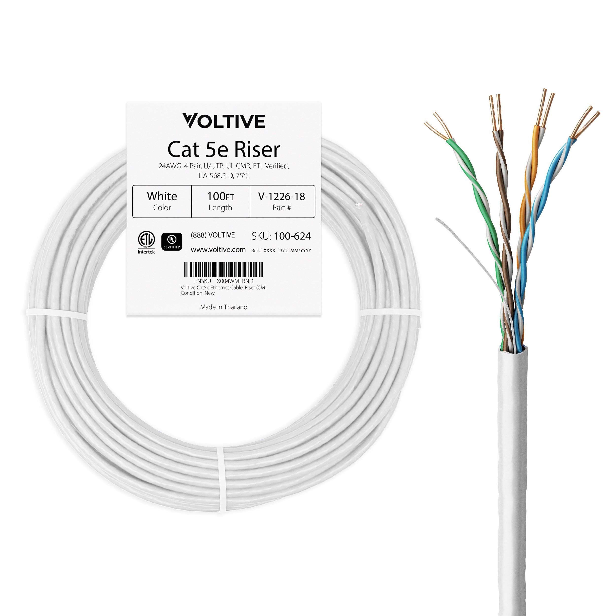 Voltive Cat5e Ethernet Cable, Riser (CMR), White, 100ft - 24AWG 4 Pair Solid Bare Copper, UTP, 350MHz, UL Certified & ETL Verified - V-1226-18