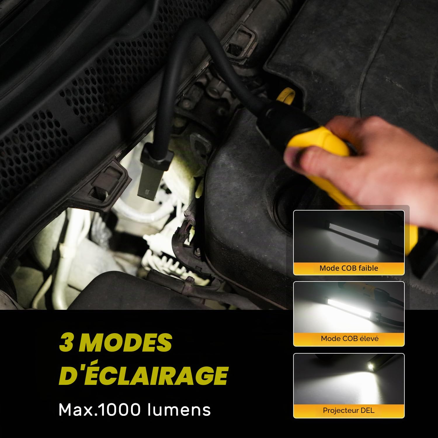 Lampe de Travail LED Rechargeable, 1000 Lumens 3 Modes Baladeuse LED Lampe Atelier avec Base Magnétique, 360° Flexible Lampe de Poche pour Garage, Camping, d'urgence, etc