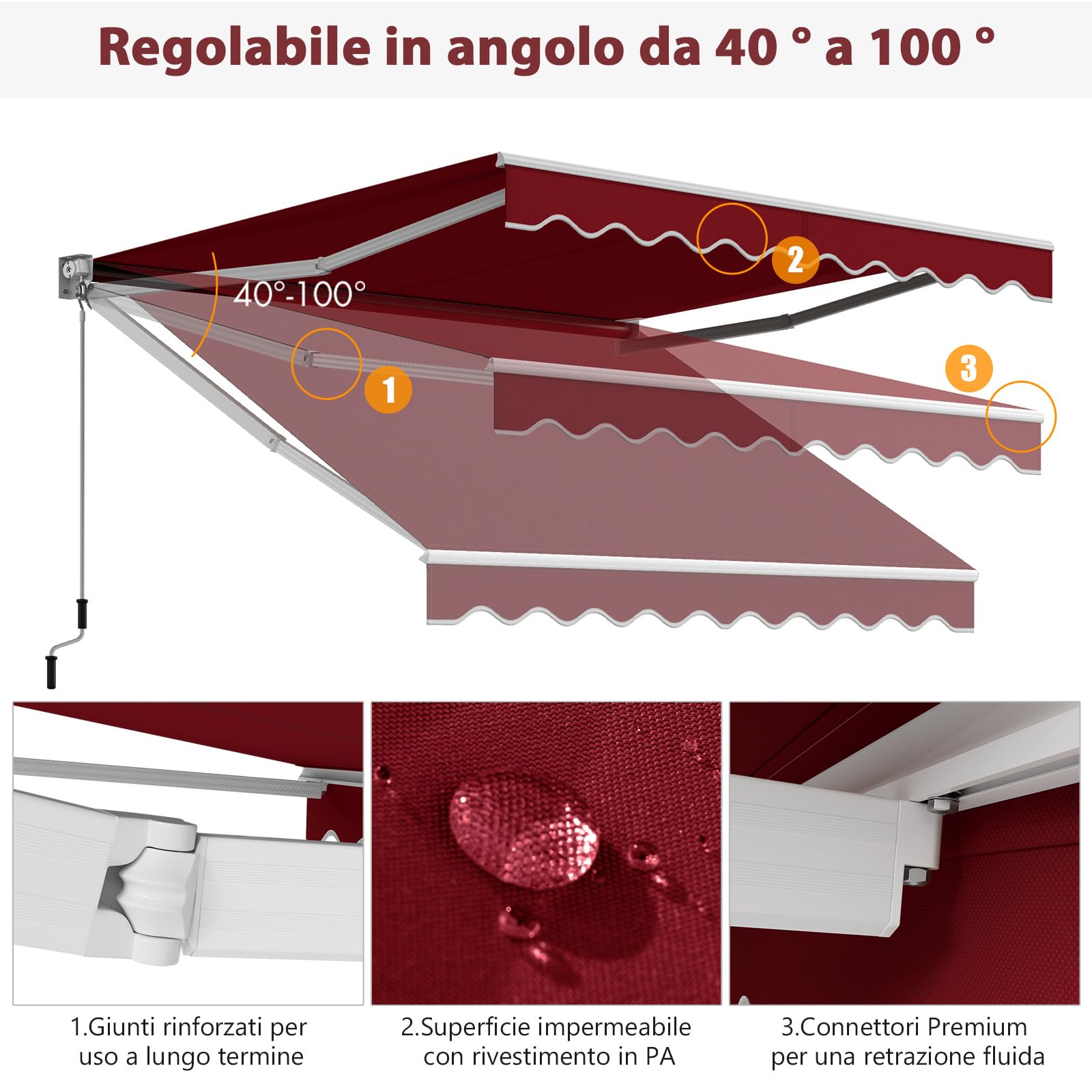 RELAX4LIFE Tenda da Sole a Bracci Estensibili Avvolgibile 295x250cm, Base Universale Parete/Soffitto, Manovella Manuale, Angolazione Regolabile, Telo Impermeabile, Alluminio, ROSSO
