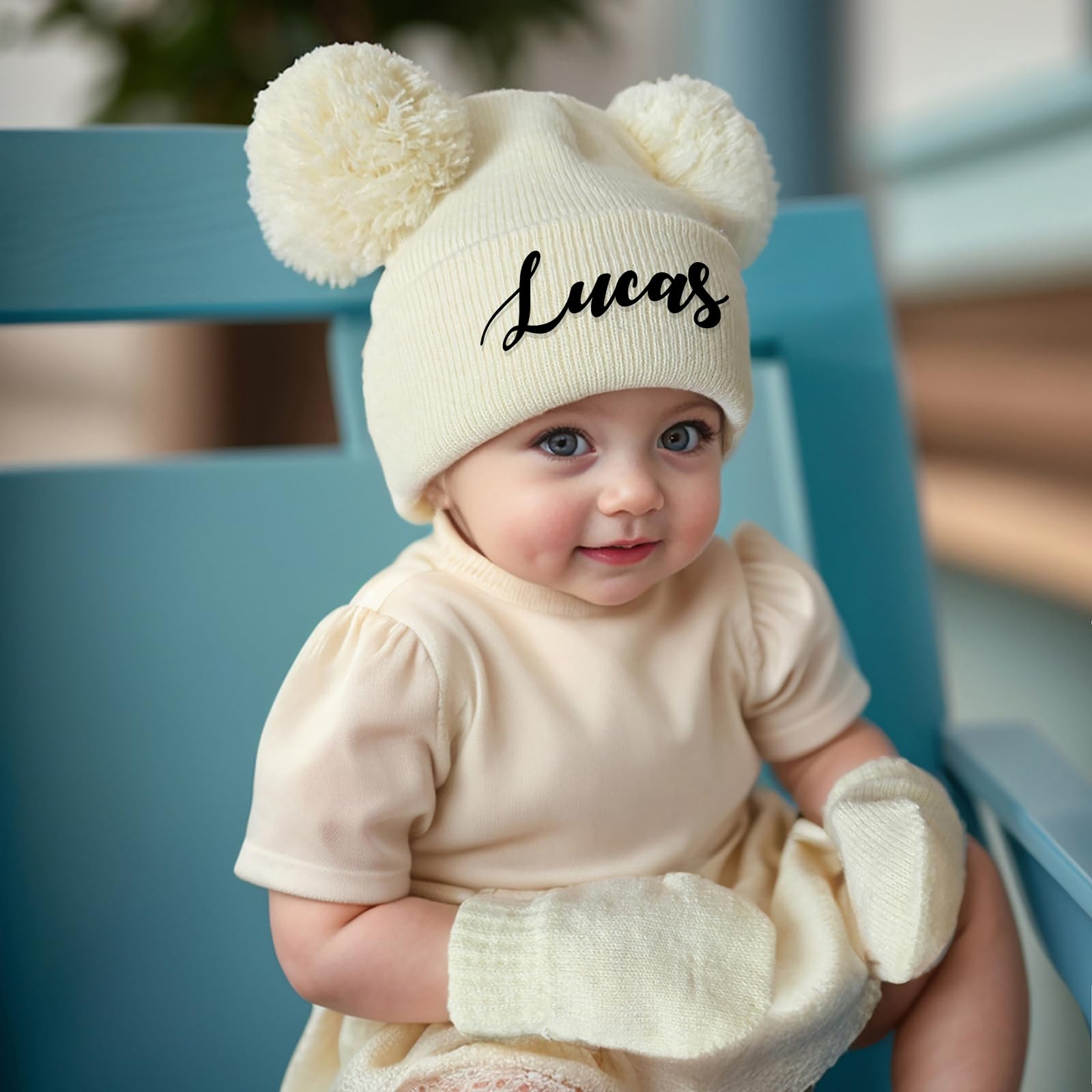 Personalized Embroidery Baby Beanies Hats, Custom Knitted Toddler Double Pompom Hat,Newborn Gifts, Knitted Winter Hat and Mittens Set,Newborn Gifts