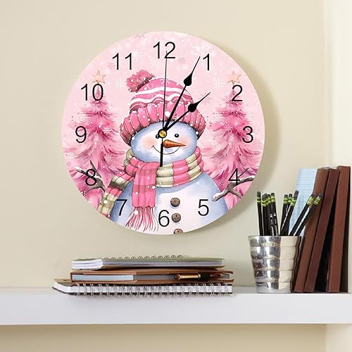 Miniatura 2 de Artwork Store Reloj de pared de Navidad silencioso de 10 pulgadas, con diseño de muñeco de nieve rosa, copo de nieve, funciona con pilas, elegante,