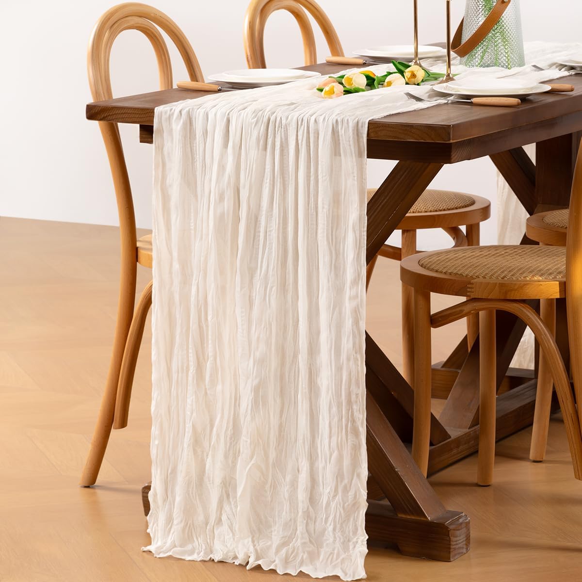 12pcs Ivory White Easter Cheesecloth Table Runner Boho Gauze Spring Table Runner 22×120 inches 10FT Table Decor for Wedding Festival Baby Bridal Shower Birthday Party Ceremony