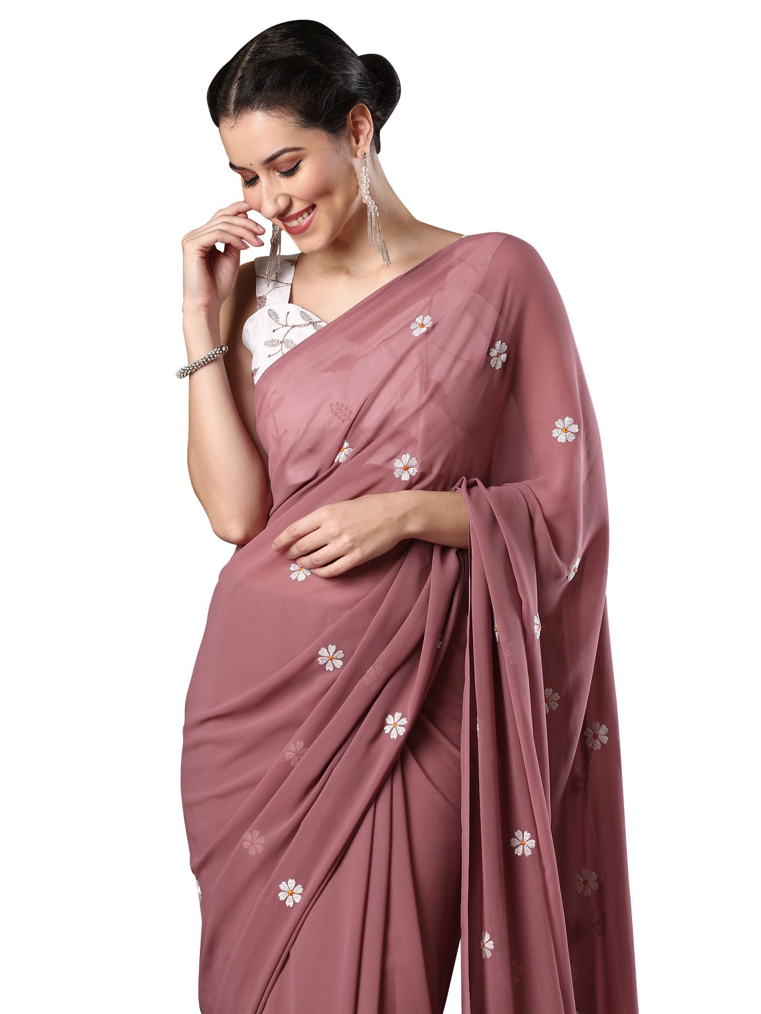 akhilam Women's Maroon Georgette Embroidered Saree with Unstitched Blouse Piece-picture-26