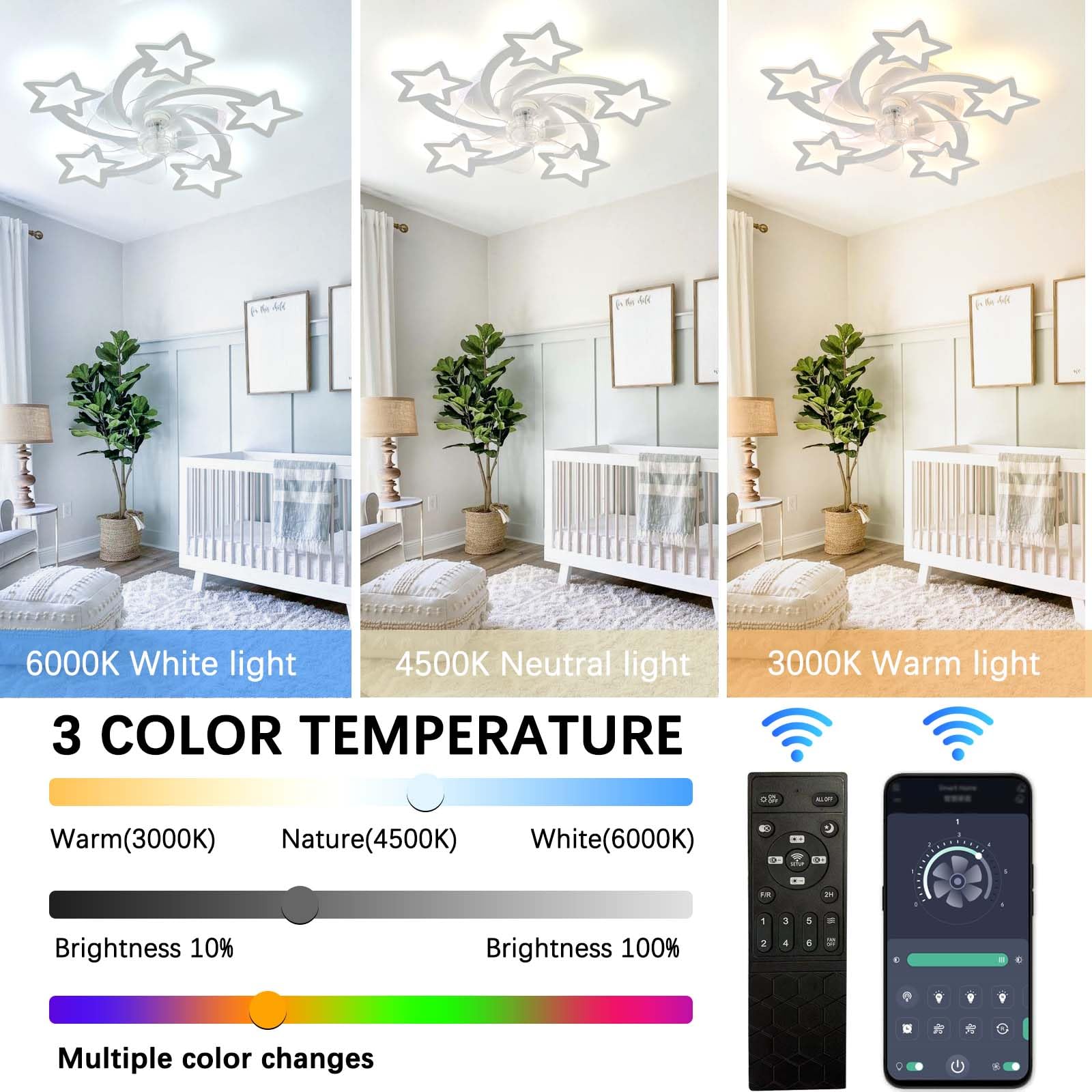 Ventilatore da Soffitto con Luce Silenzioso Star con RGB con Alexa,Plafoniera Ventilatore Reversibile Telecomando APP Tempistica,Lampadario Ventilatore Dimmerabile,6 Velocità,Camerette,Bianco