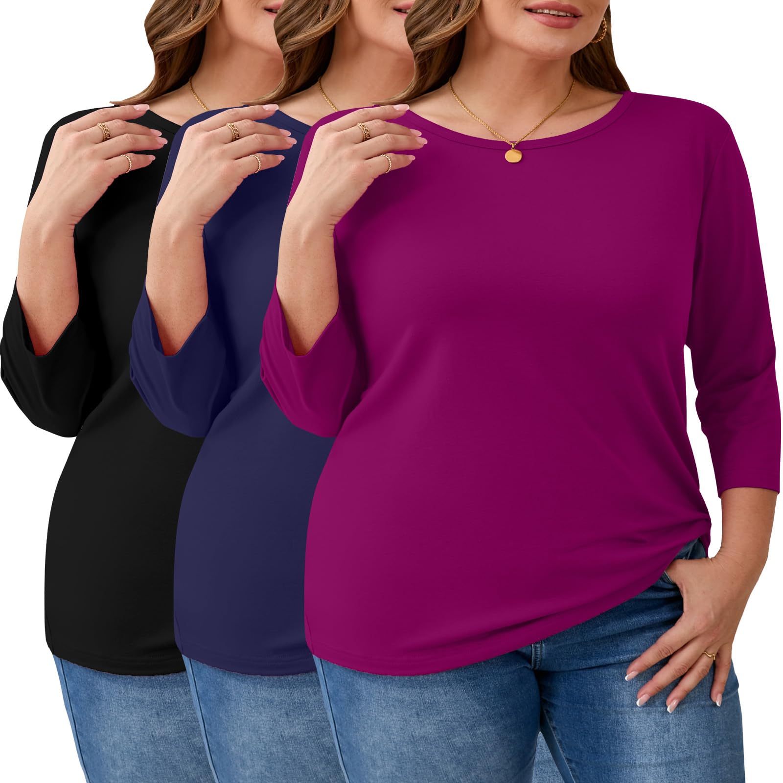 Ficerd 3 Pack Plus Size 3/4 Sleeve Tops for Women Round Neck T-Shirt Trendy Basic Tee Cozy Loose Blouse XL-5XL