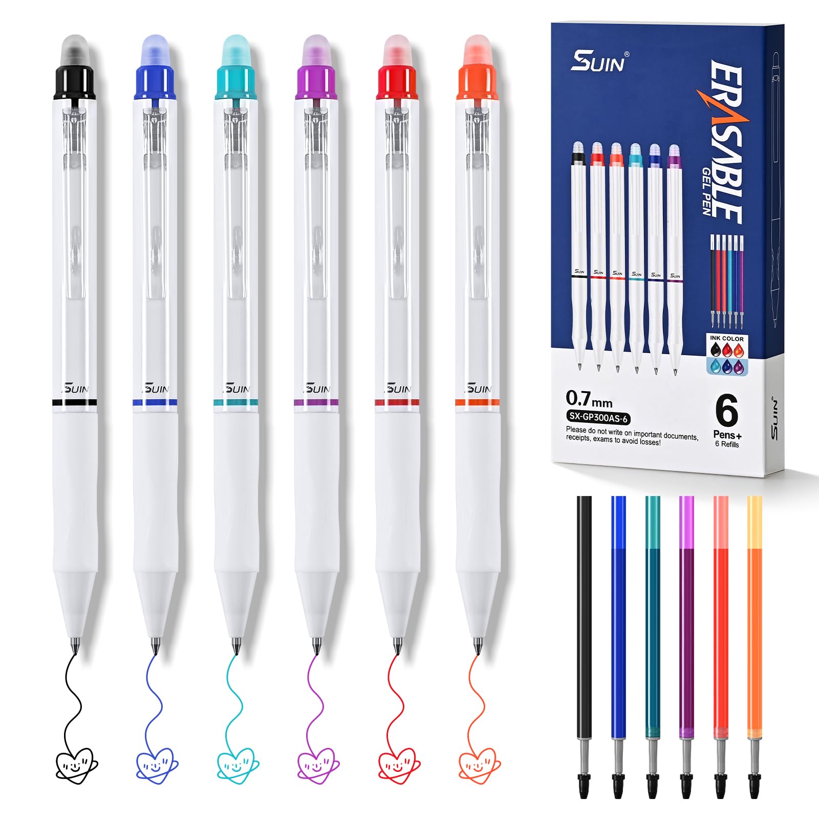SUIN Erasable Gel Pens 0.7mm Retractable, 6 Pens + 6 Refills, 6 Colors