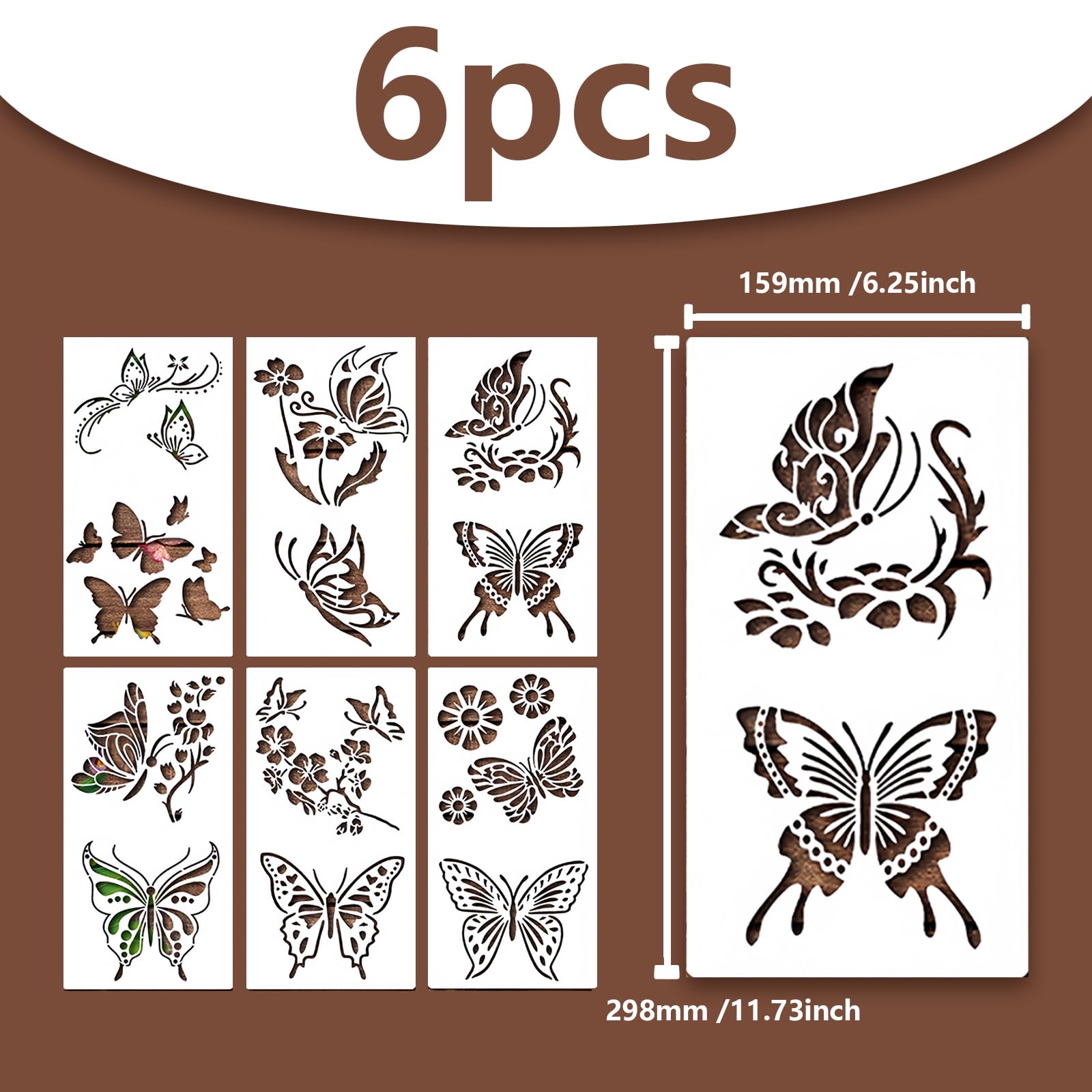 Set di 6 Stencil, Design Openwork, Farfalla, Elementi Floreali, Stencils per Pareti, Bianco, 29,8*15,9cm, Stencil per Pittura per Pittura, Scrapbooking, Diario Fai Da Te, Decorazione Murale