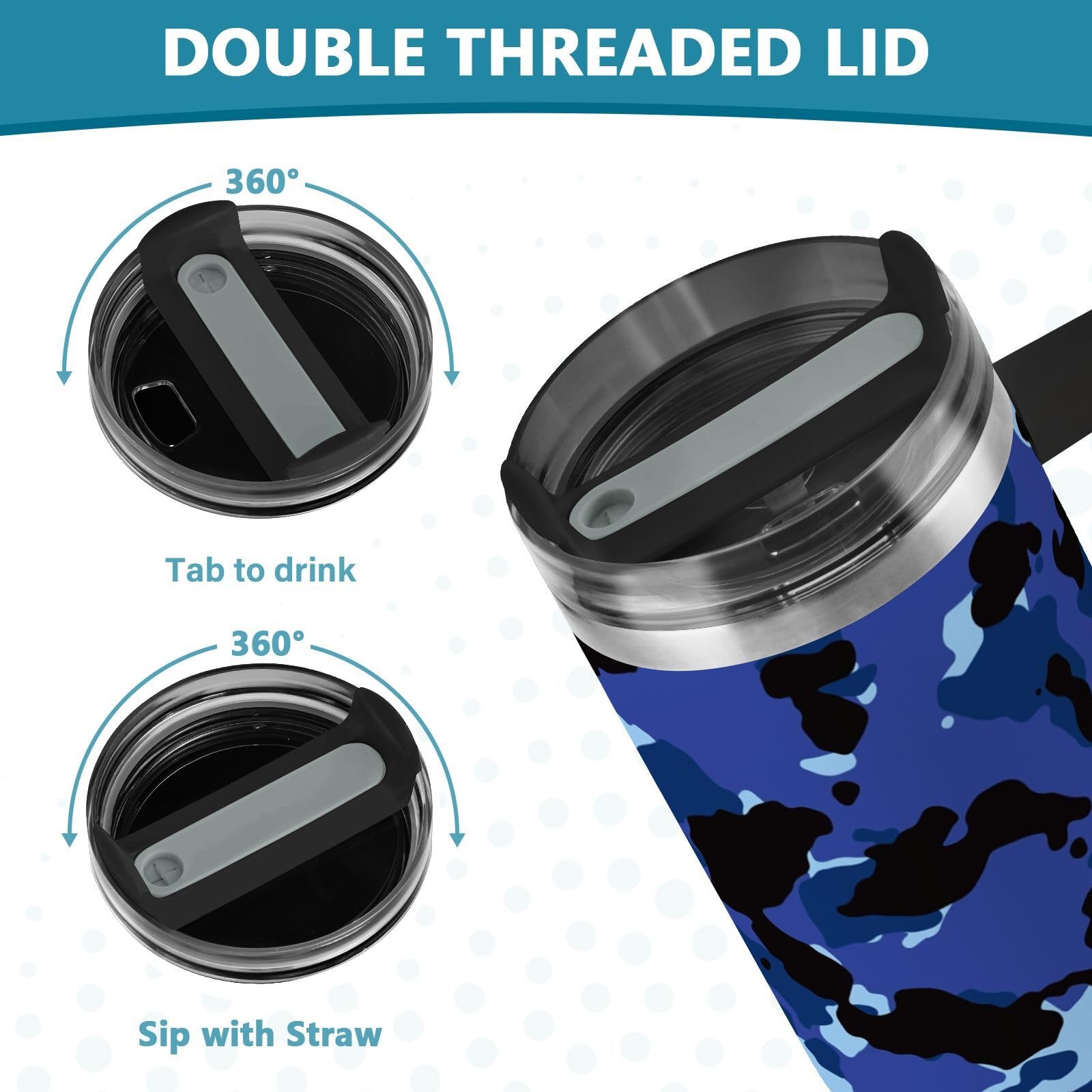 Isolierter Trinkbecher, doppelwandig, Edelstahl, Thermobecher, Reisebecher mit Griff, Strohhalm-Deckel, Blau