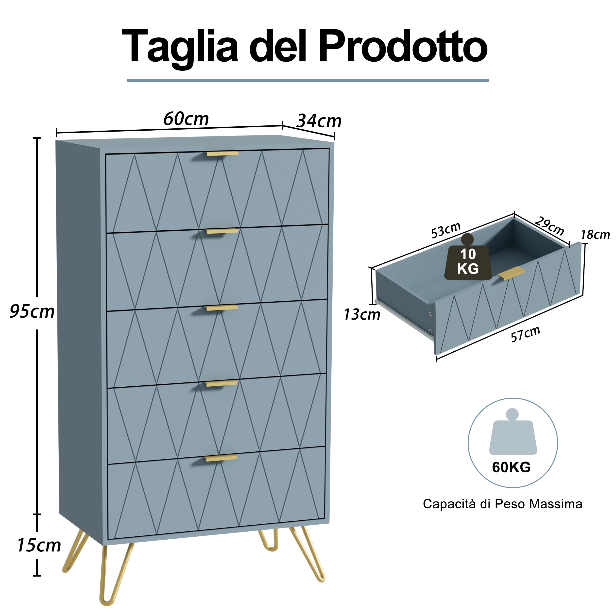 UEV Cassettiera a 5 Cassetti, Comò con Modello di linee di superficie in Legno Ingegnerizzato, con Maniglie e Gambe Dorate, per Soggiorno, Camera da Letto, Corridoio, 60 x 34 x 110 cm, Grigio-Blu