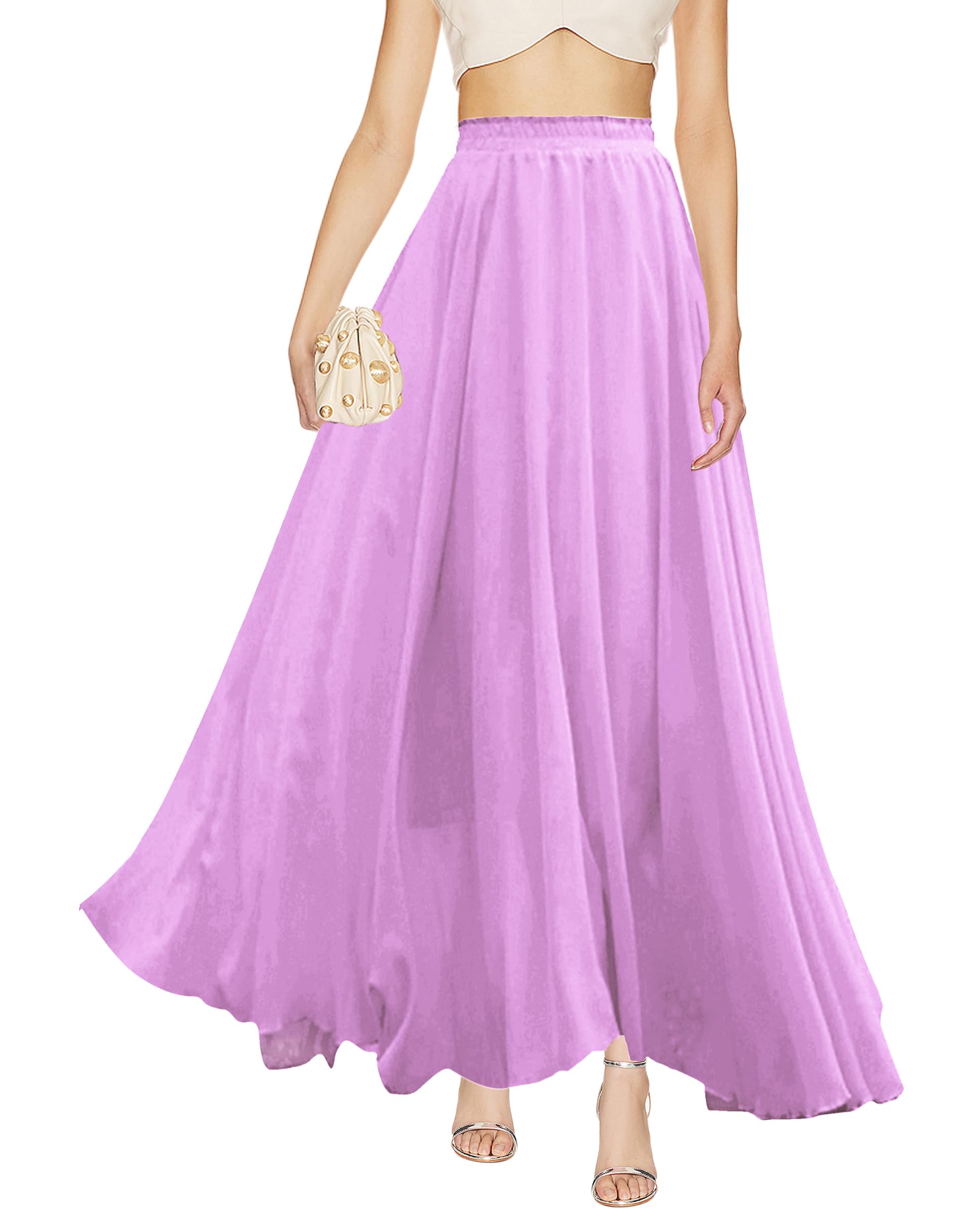 v28 Women Full/Ankle Length Elastic Pleated Retro Maxi Chiffon Long Skirt, Lavender, XXL