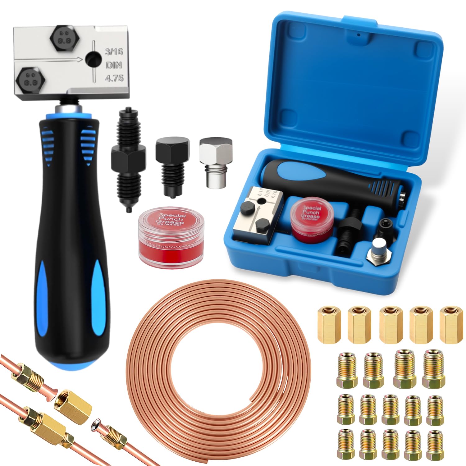 YUJUVI Bremsleitung Bördelgerät für DIN Bördelungen Doppel Bördelgerät Bremsleitungen Kfz Set für 4,75 mm, 3/16 Zol Universal mit Ø4,75mm Bremsleitung und 16 Anschlüssen, 5 Verbinder
