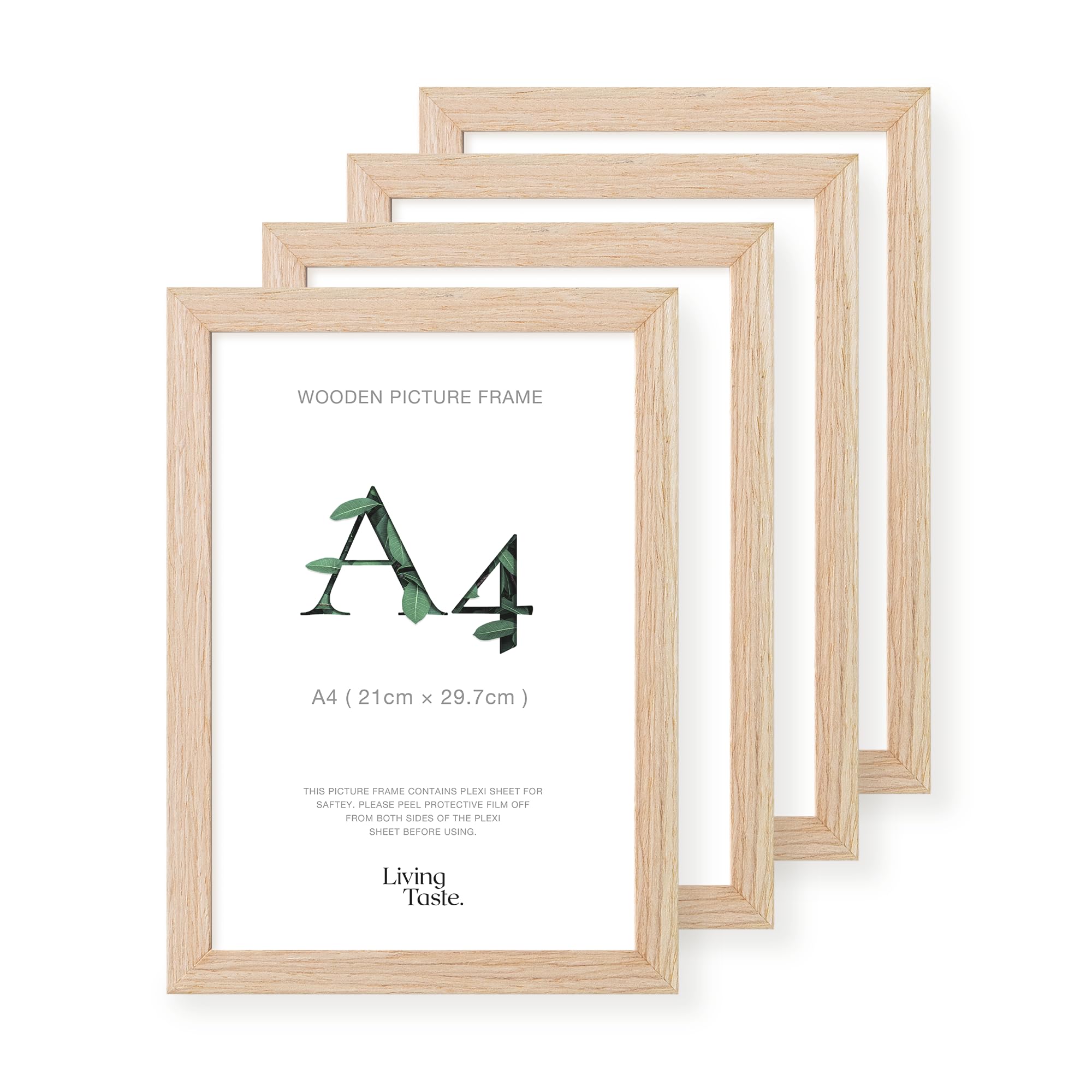 LIVINGTASTE A4 Picture Frame, 21x29.7cm Wood Photo Frame, 4 Pack Natural Oak Finish Wall Frame with Acrylic Front, Ideal for Certificates & Diplomas, Documents in Office or Home