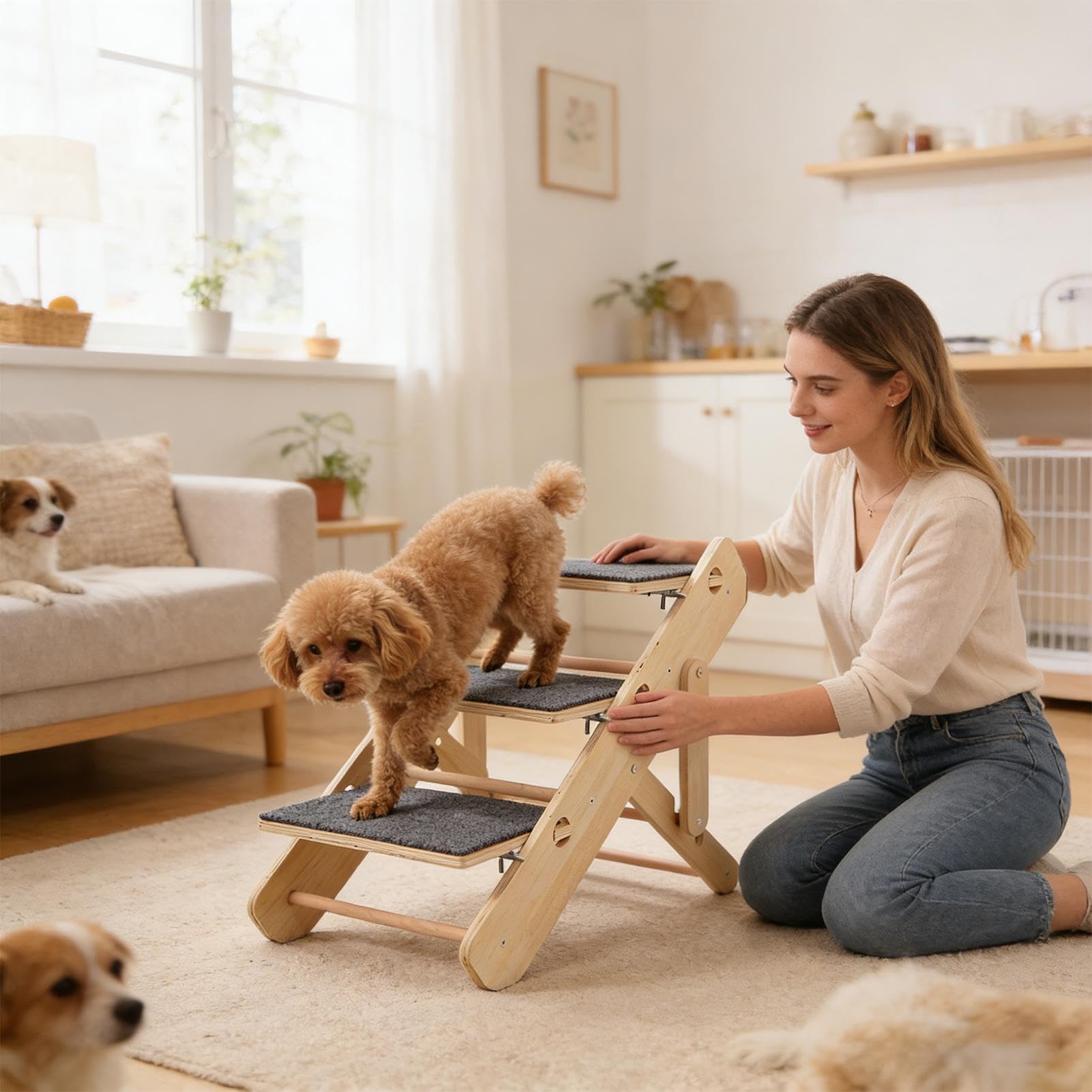 Rampa para Perros Plegable 3 Escalones Antideslizantes Estable | Para Subir a la Cama o al Sofá para Dormitorio, Salón, Sofá, Sillón, Alcanzar y Subir