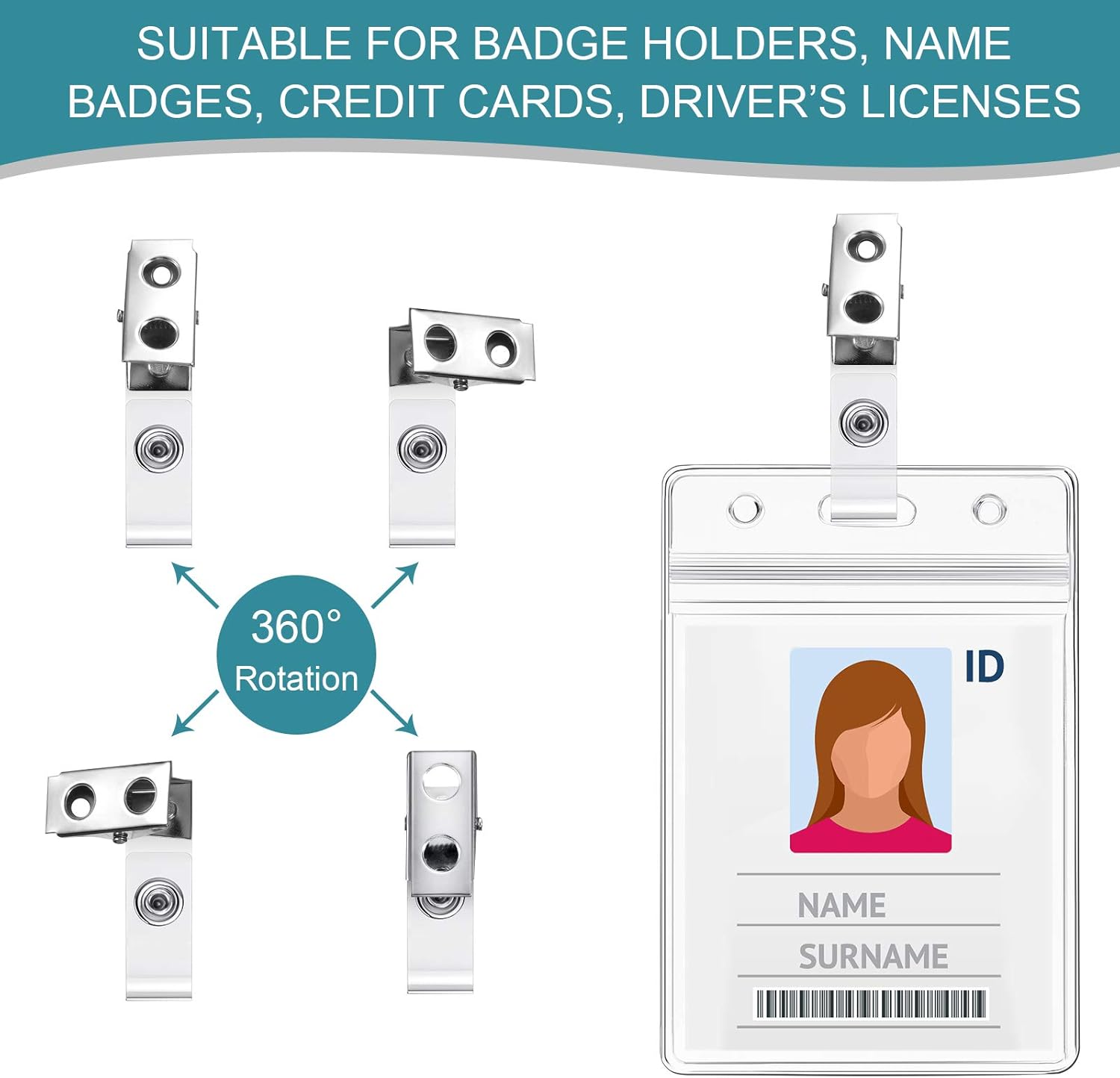 Metal Badge Clips with Strap Clear ID Strap Clip Adapter Double Hole Metal Badge Clips for ID Cards, Name Tags Work Office Supplies(300 Pieces)