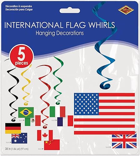 Miniatura 5 de Beistle 5 espirales colgantes de bandera internacional (paquete de 2) – verde, rojo, azul, amarillo – plástico y cartulina