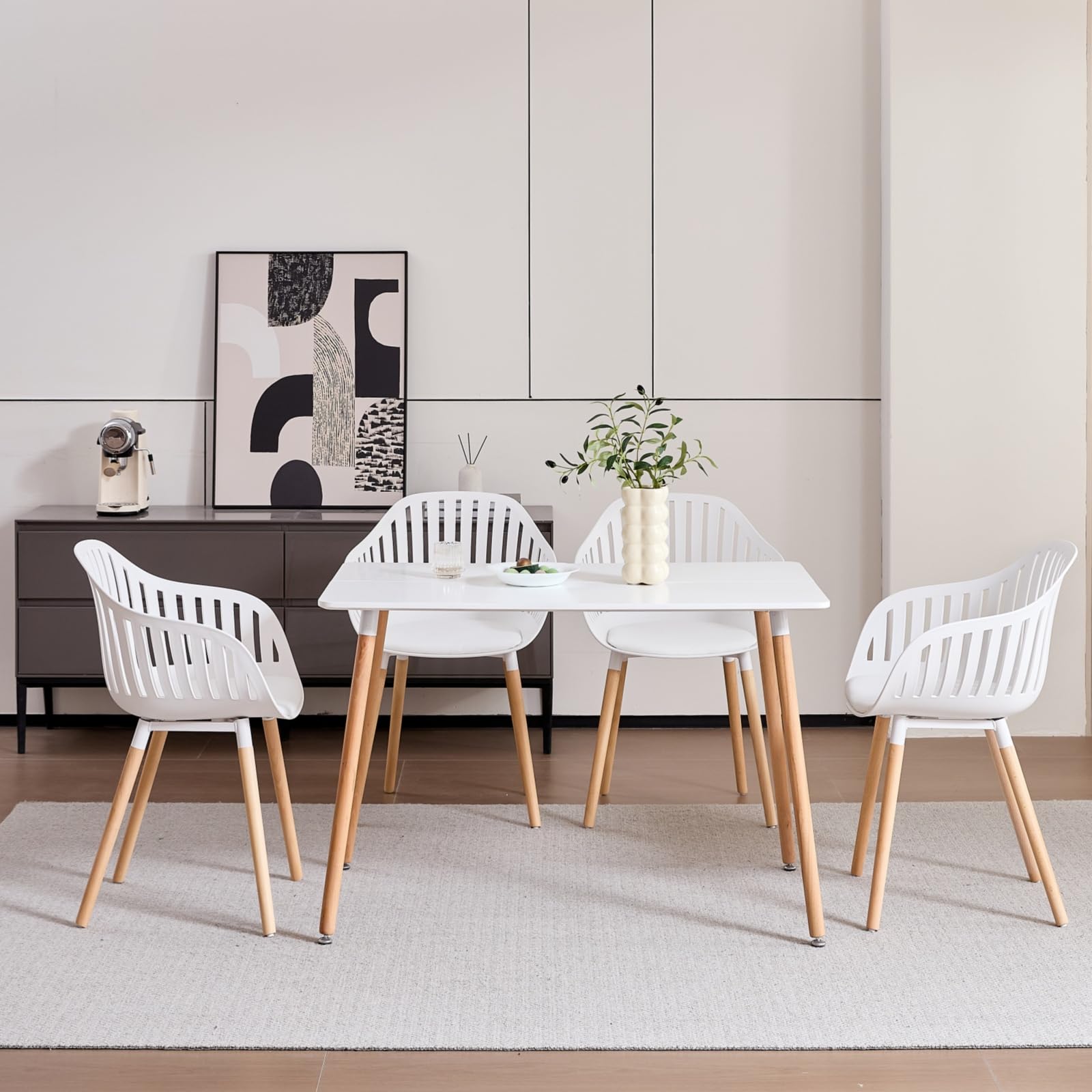 Juego de 4 Sillas de Comedor, Silla de Cocina con Cojines y Reposabrazos de Cuero, Silla con Respaldo Hueco, Adecuada para Sala de Estar, Cocina, Patio - Blanco