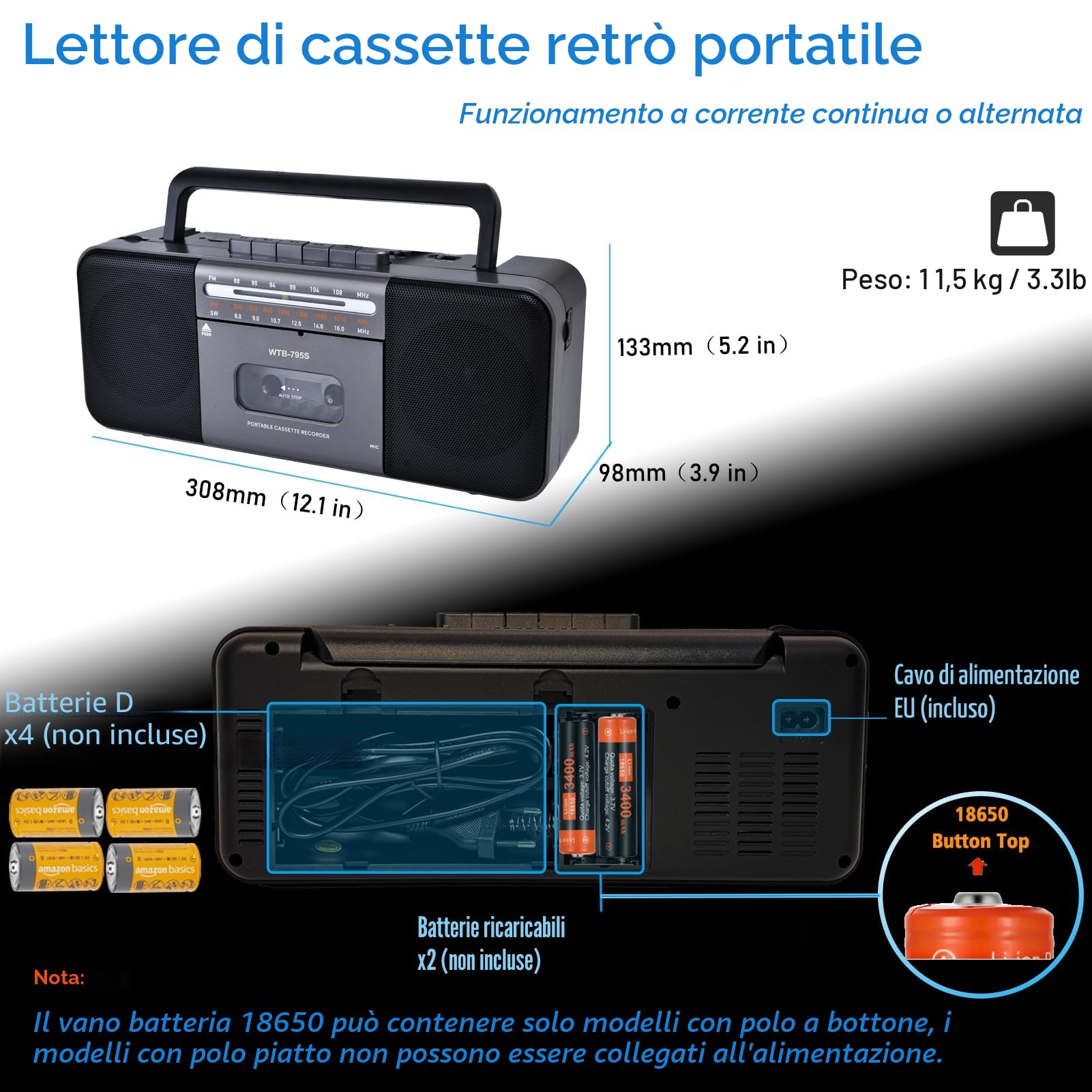 Lettore di cassette AM/FM/SW Bluetooth 10W portatile convertitore MP3 USB
