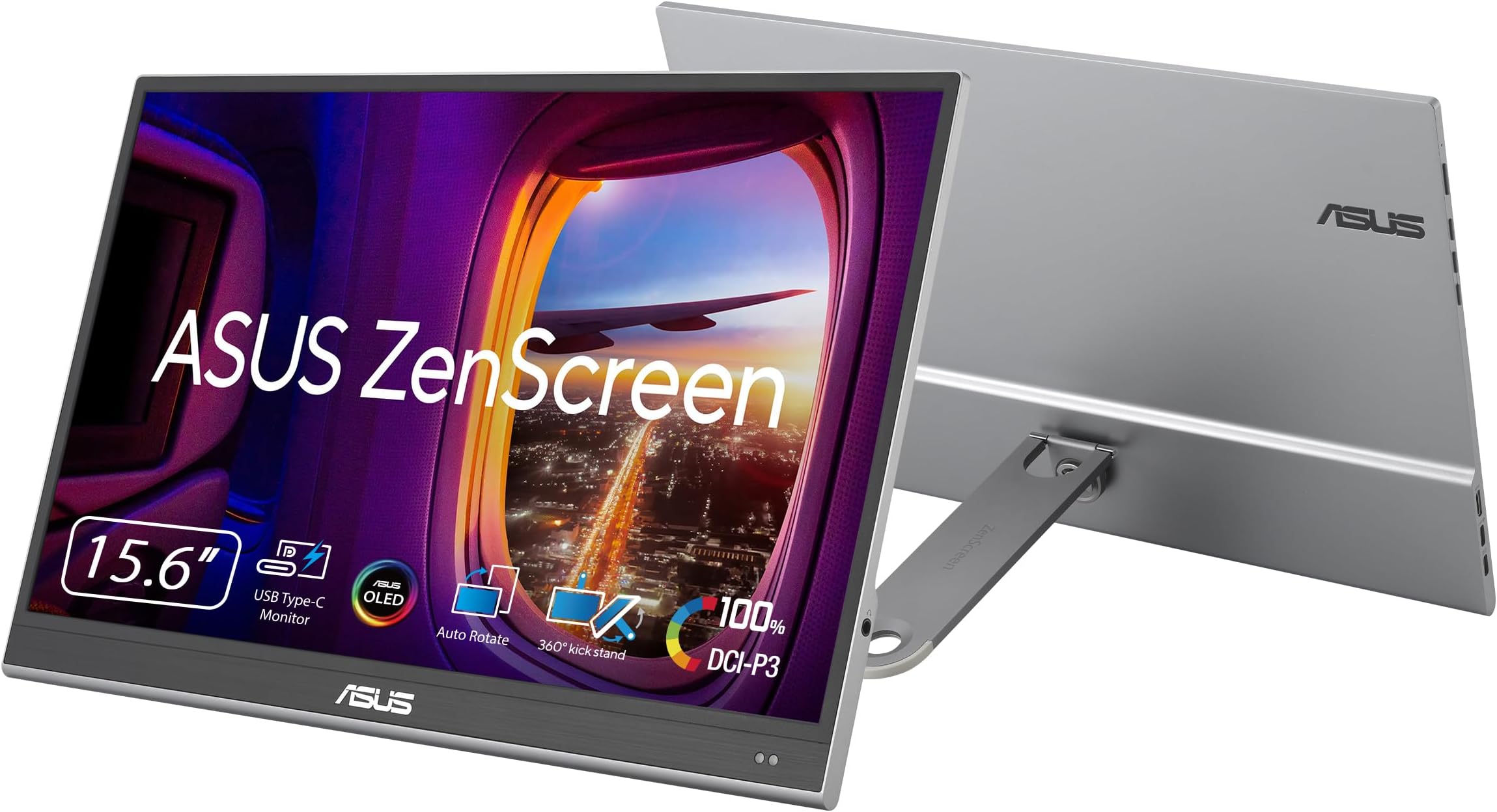 ASUS ZenScreen OLED MQ16AHE portable monitor – 16 inch FHD (1920 x 1080) 100% DCI-P3, 1 ms Response Time, HDR-10, USB Type-C, Mini HDMI , Proximity Sensor, 360° kickstand, Flicker Free, Low Blue Light