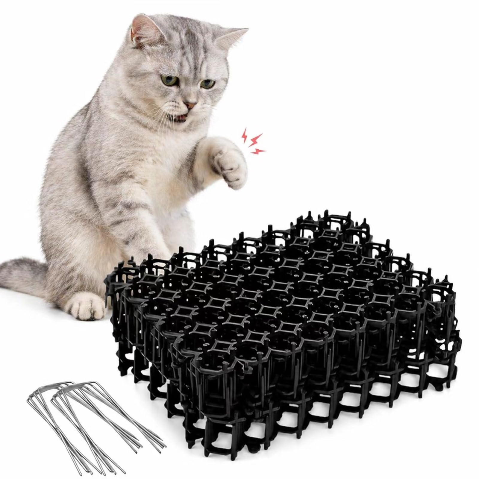 12PCS Anti Cat Spikes Mat with 8 U-Shaped Pegs, 15.5 X 20cm Heavy Duty Plastic Prickle Strips, Cuttable Dig Stopper and Pet Deterrent for Garden, Fence, Yard and Indoor Outdoor Use