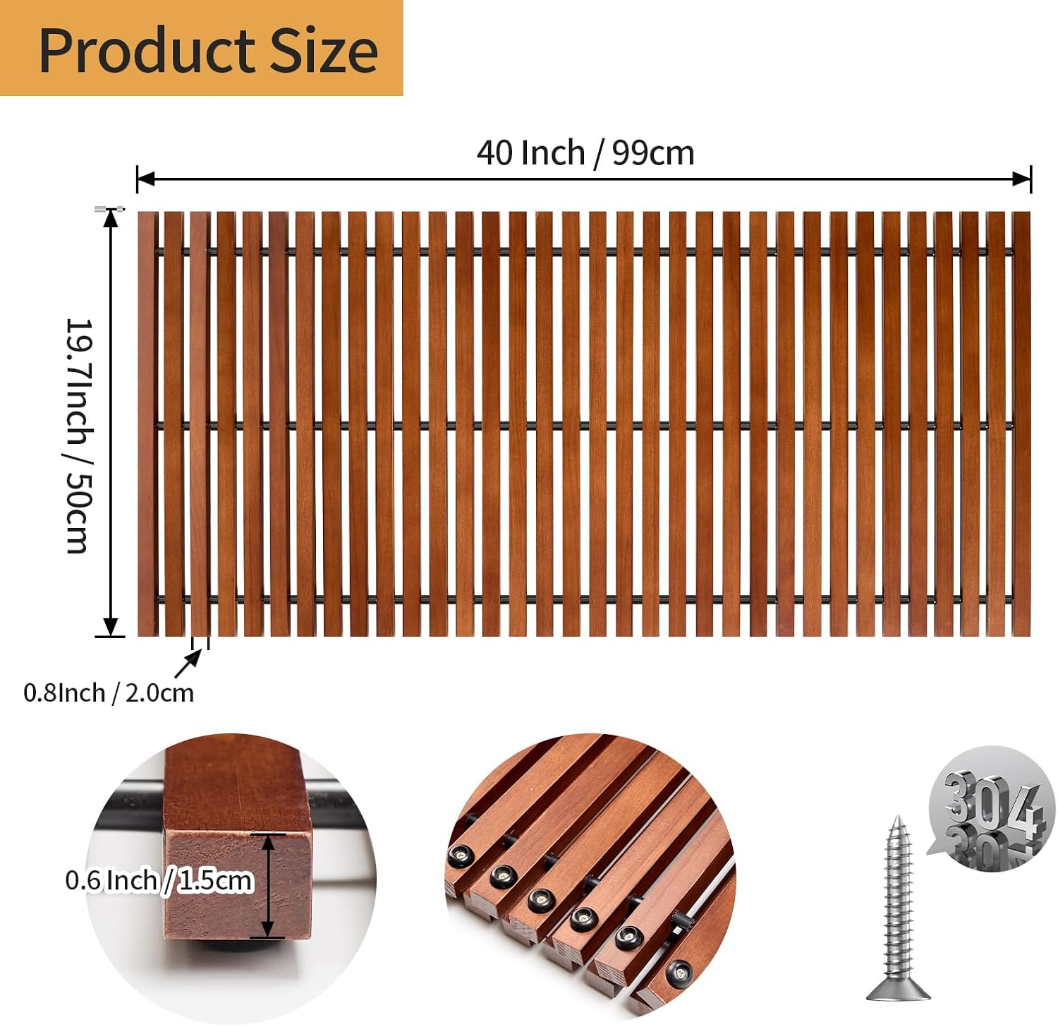 Extra Large Pine Wood Shower Mat 40 x 19.7 Inch, Non-Slip Wooden Bath Mat for Bathroom, Sauna, Spa & Pool, Indoor & Outdoor, Waterproof Coated Finish, Silicone Pads, Quick Dry & Easy Clean