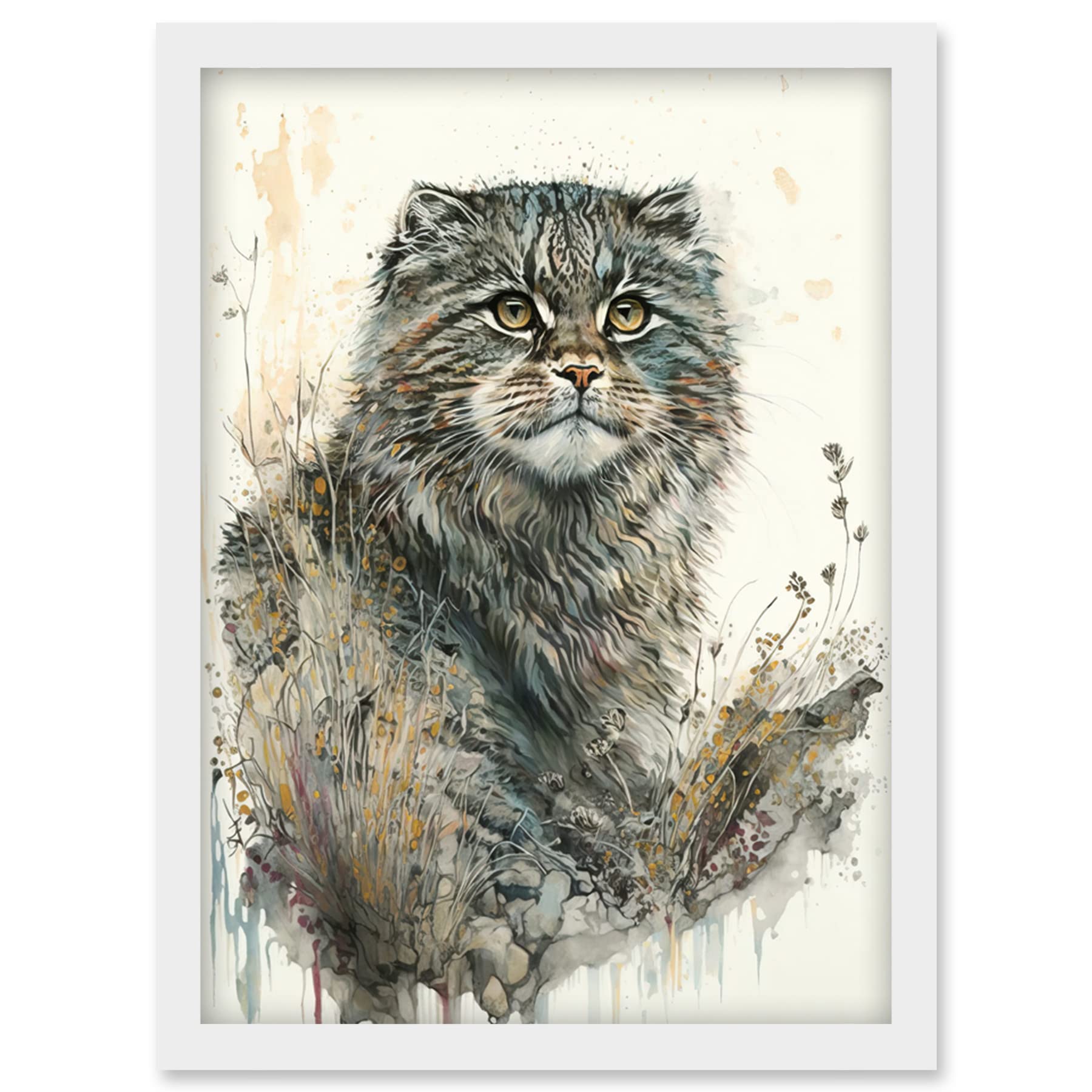 Artery8 Manul Pallas Cat Portrait in Wildflowers Watercolour Illustration Artwork Framed Wall Art Print A4