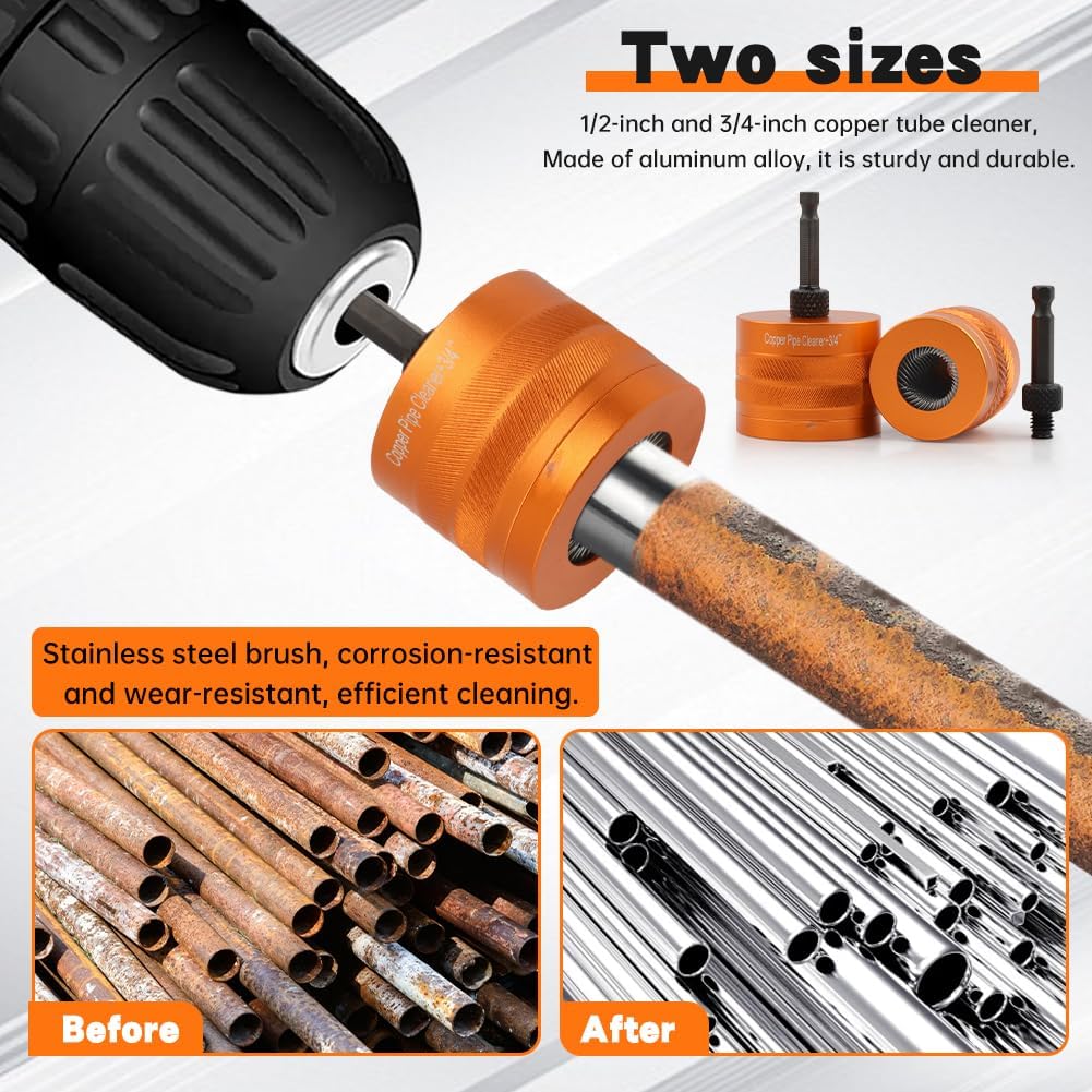 1/2" & 3/4" Copper Pipe Cleaner Set for Removing Rust, Stains & Paint, Copper Tubing Brush Plumbing Tools for Plumbing Installation, Soldering, Coppers Pipes(Orange)