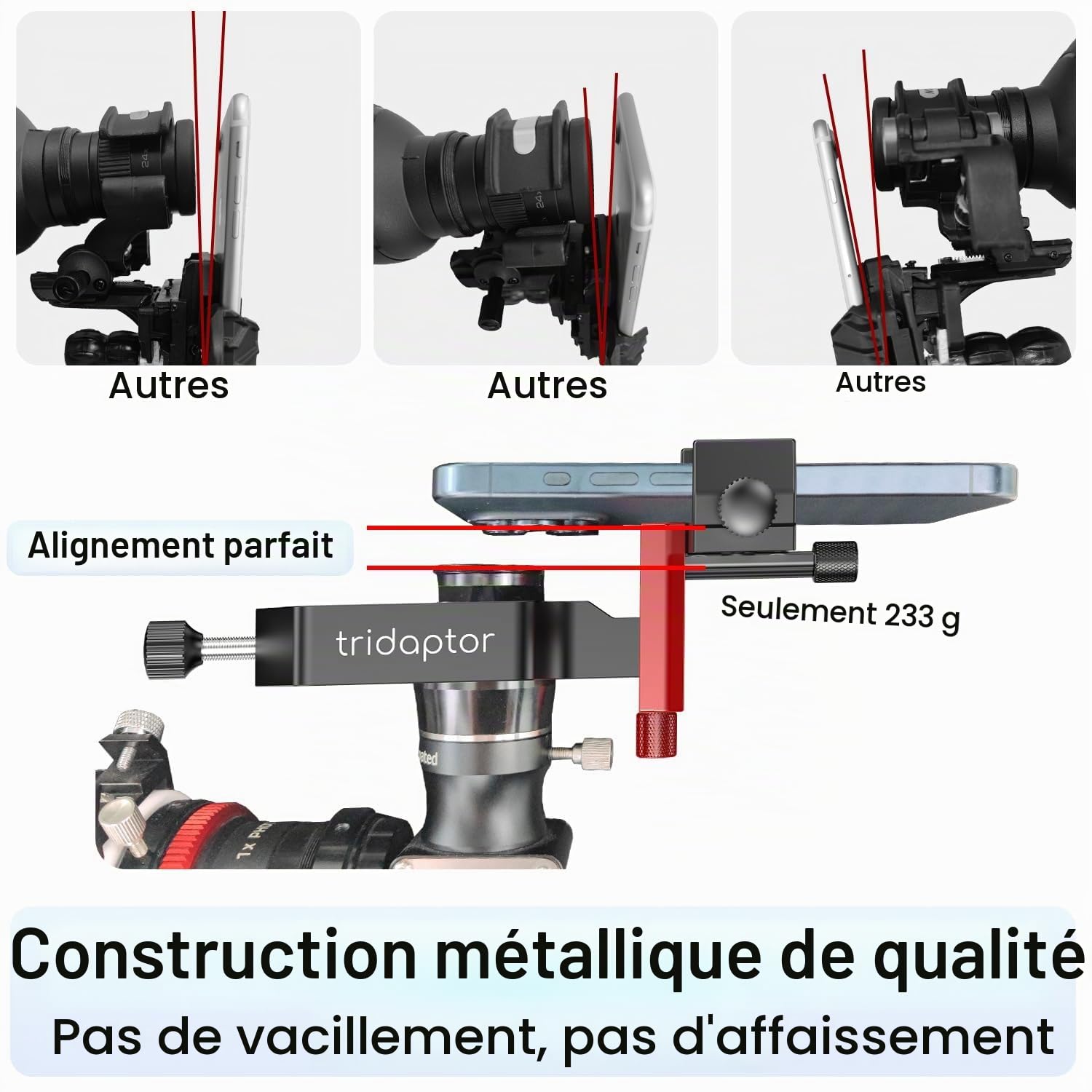 Adaptateur numérique Universel de Haute précision à 3 Axes : TRIDAPTOR Support en métal pour connecter Smartphone au télescope télescope Microscope monoculaire jumelle (tridaptor sans Bluetooth)