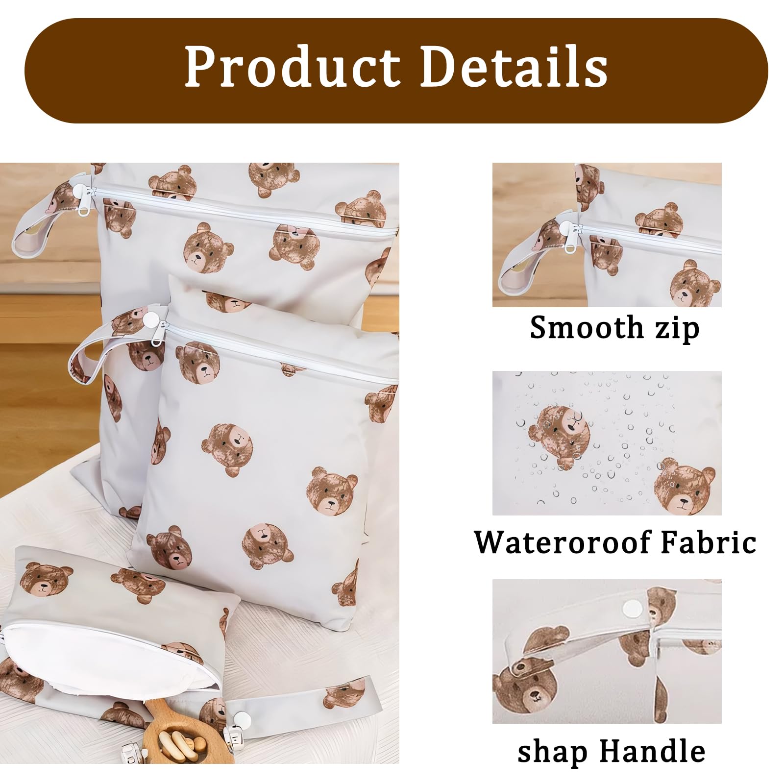 3 Pcs Bear Pattern Nappy Bags, Waterproof Wet Bag Organiser for Swimming Travel Storage - Image 3