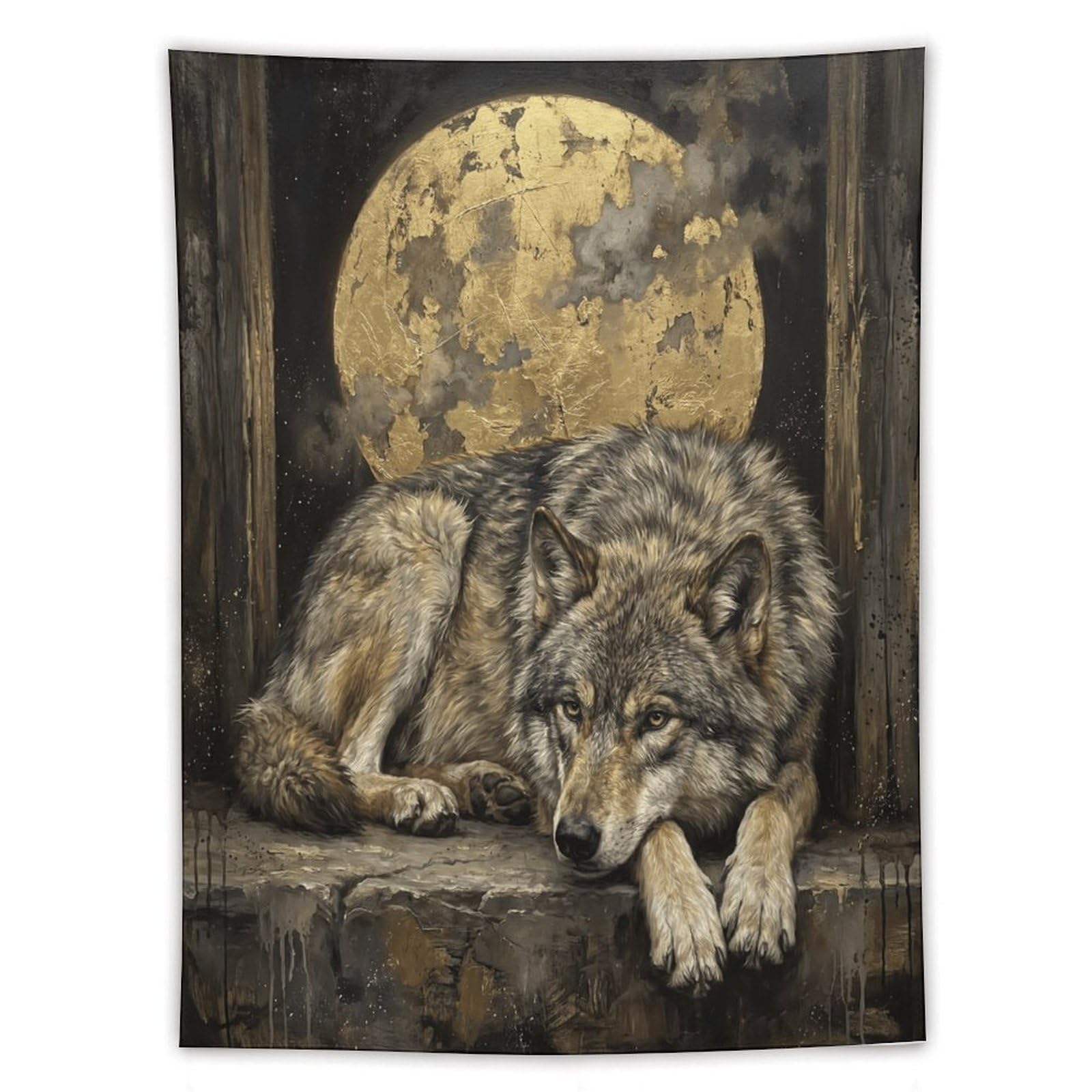 H3B8U2Y5 Resting Wolf Full Moon Wall Tapestry, Rustic Wildlife