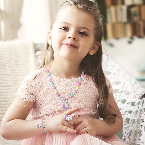Miniatura 5 de Collar y pulseras de juego para niñas, aretes de clip, joyería de unicornio para niños pequeños, juego de collar de unicornio para niñas pequeñas,