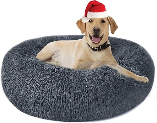 Cama calmante en forma de dona para perro, tamaño mediano, cama redonda y esponjosa de 27.6 pulgadas, lavable, almohada para perro autocalentable,