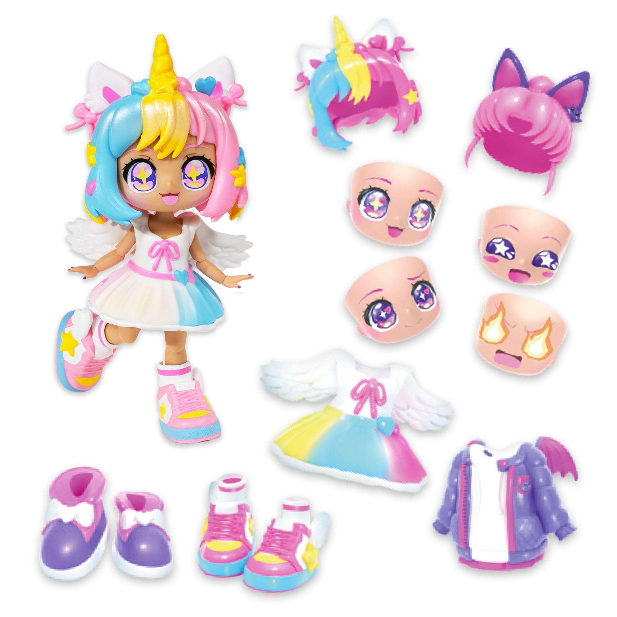 Animakii Fashion Dolls  Customisable Unicorn + Bat Style  5 Fashion Doll with 32 Looks in One  Doll Accessories, Clothes, Shoes & Face Plates  Trendy Girls Toys (ONLY 1 DOLL SUPPLIED)