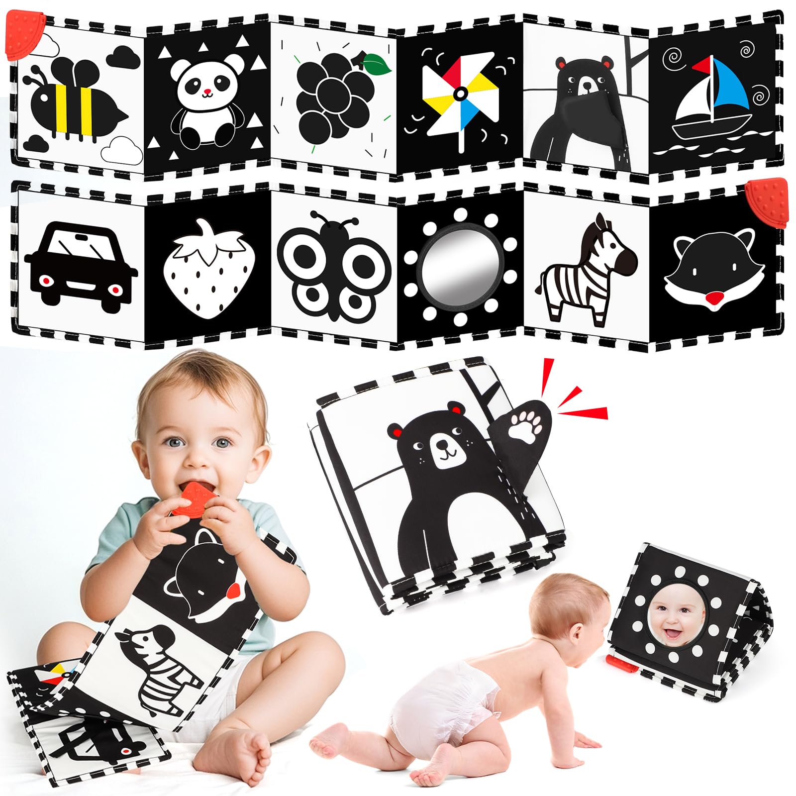 BBWOO Black & White Babybuch Kontrastbuch Baby-Bilderbuch-Stoffbücher- Kontrast Baby Spielzeug 0 3 6 9 12 Monate,Neugeboren Babygeschenk