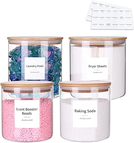 KitHero Organización de lavandería, contenedor de 4 cápsulas de lavandería con etiquetas para almacenamiento de lavandería, tarros de vidrio para