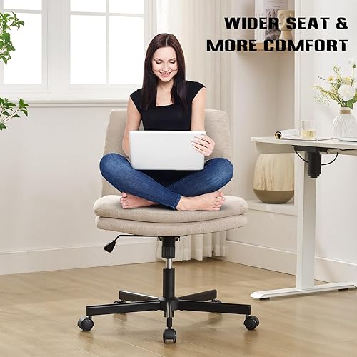 Miniatura 3 de Okeysen Silla cruzada sin brazos con ruedas, asiento ancho con patas cruzadas, cómoda silla de escritorio de oficina, silla giratoria de tela en